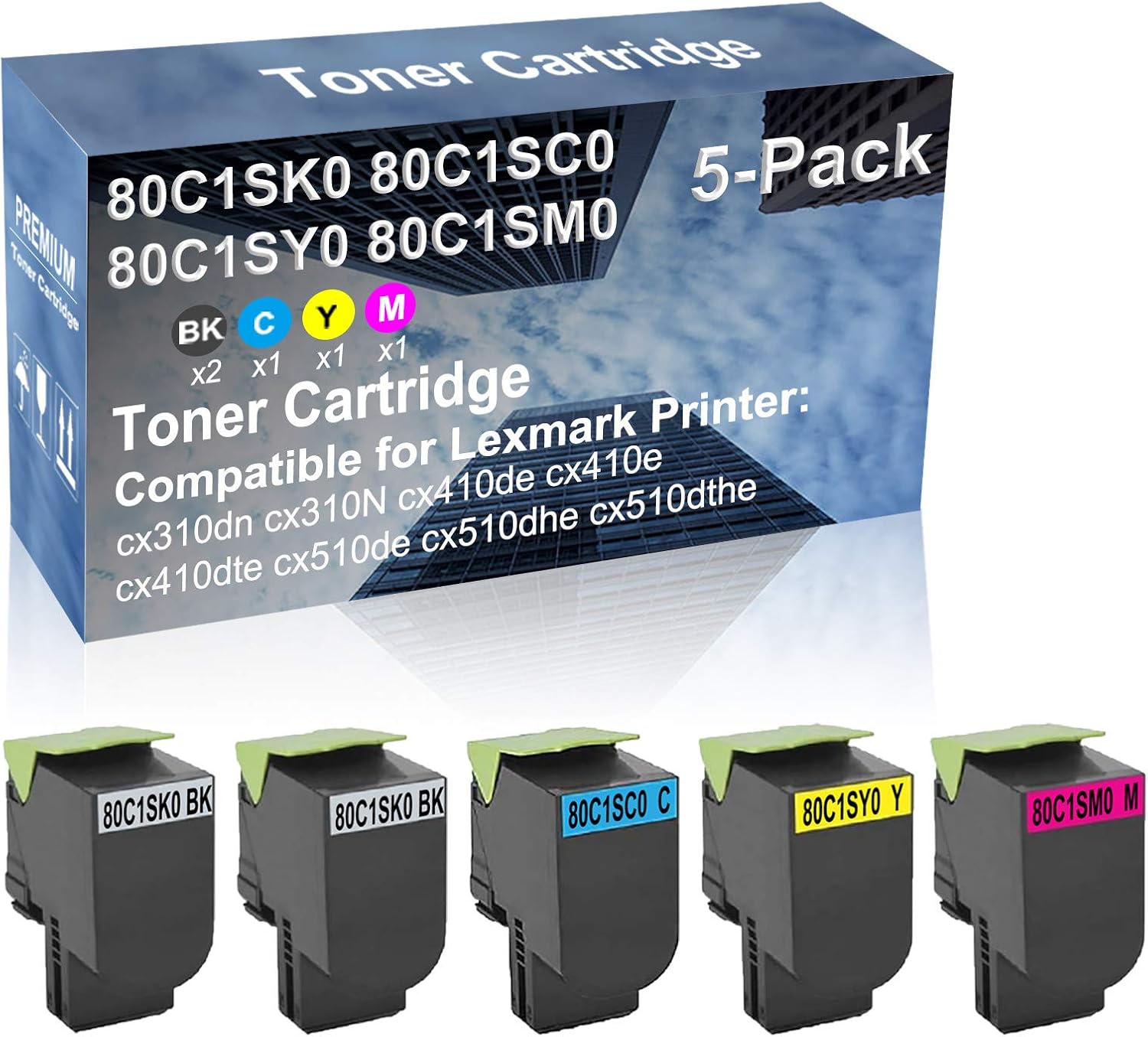 5-Pack (2BK+C+Y+M) Compatible High Yield 80C1SK0+ 80C1SC0+ 80C1SY0+ 80C1SM0 Laser Printer Toner Cartridge Used for cx510dhe cx510dthe Printer