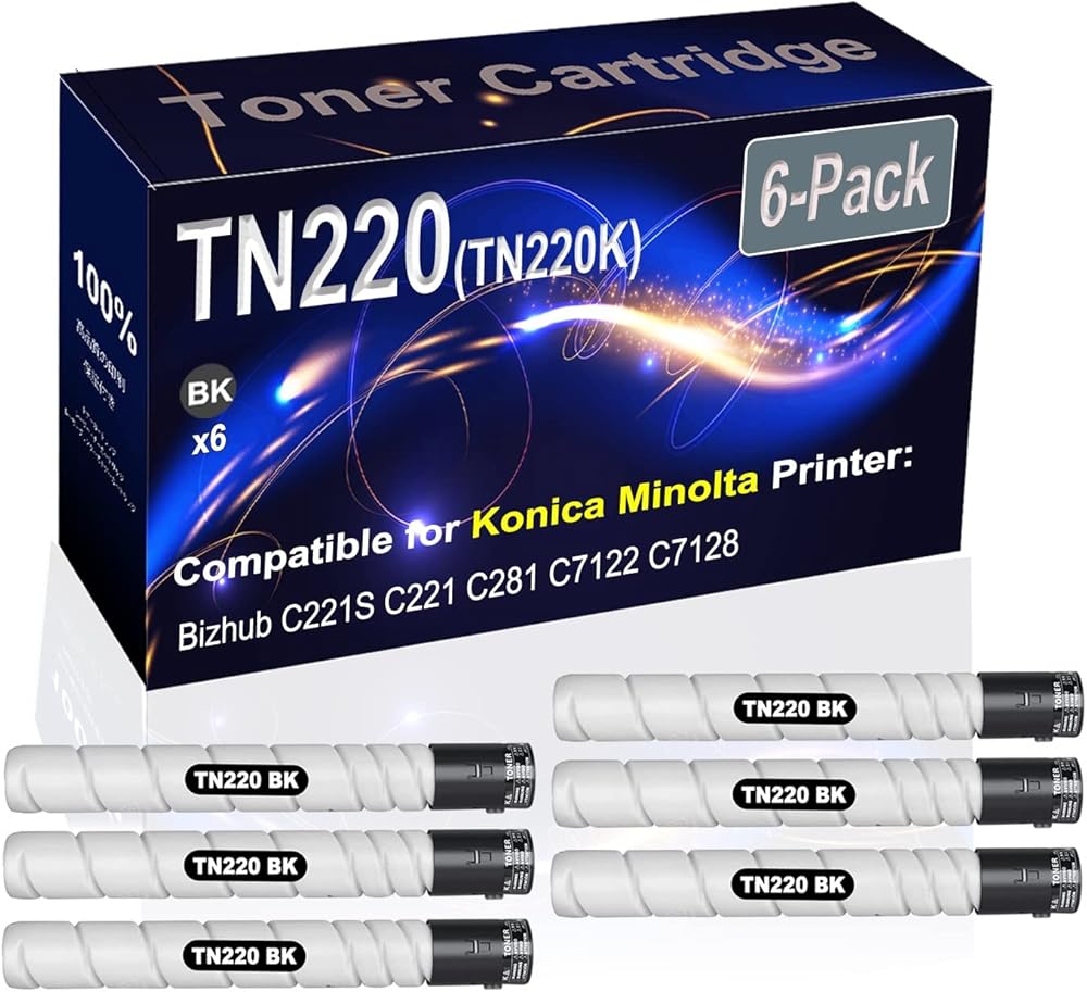 6-Pack (Black) Compatible High Yield TN220 TN-220 TN220K Printer Cartridge use for Konica Minolta Bizhub C221S C221 C281 C7122 C7128 Printer