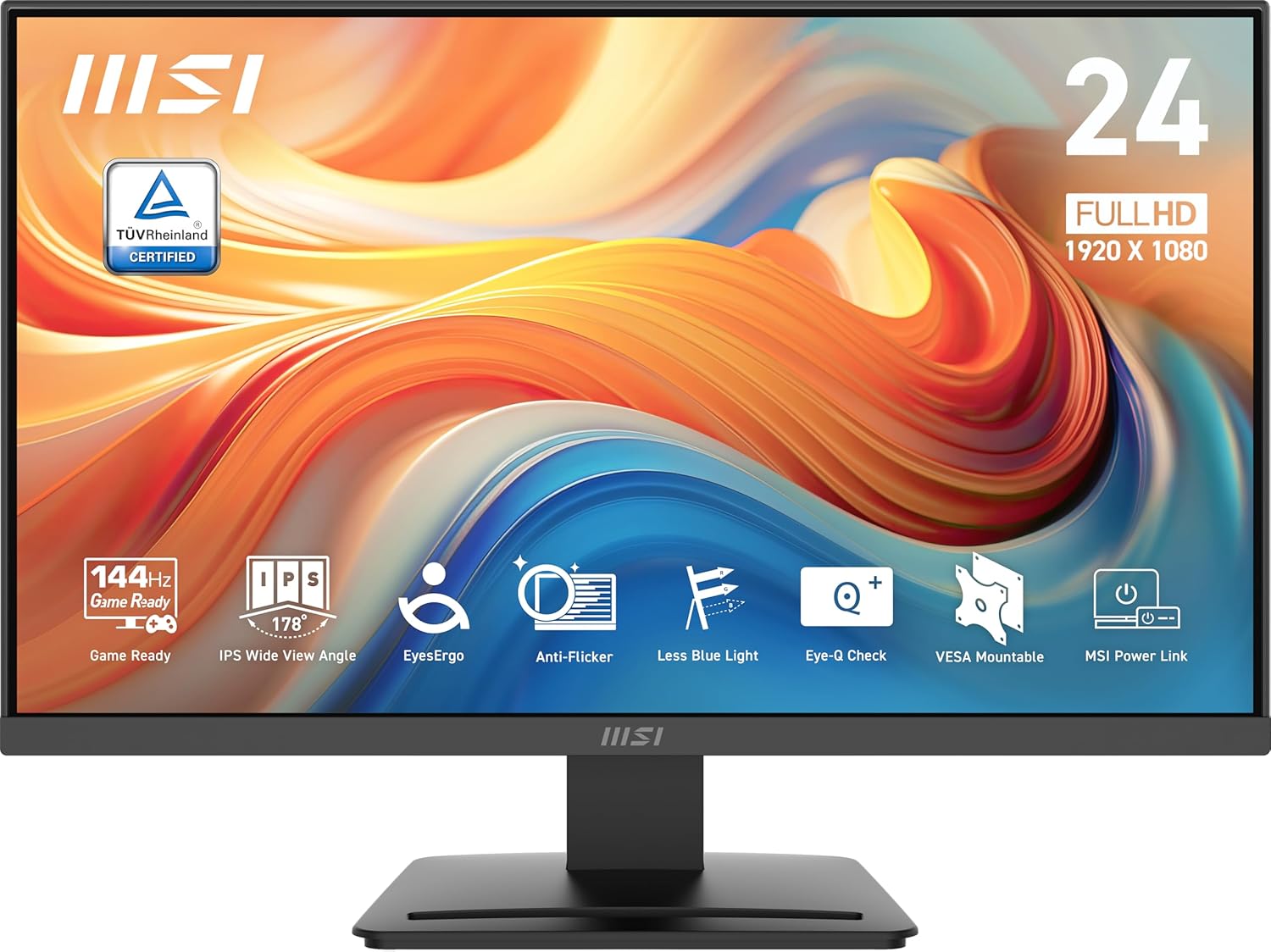msi PRO MP243L E14 24-inch IPS 1920 x 1080 (FHD) Gaming Office Monitor, 144Hz, Adaptive-Synch, HDR Ready, HDMI, VGA Port,VESA Mountable, Tilt, 4-Side Slim Bezel,1ms, Black