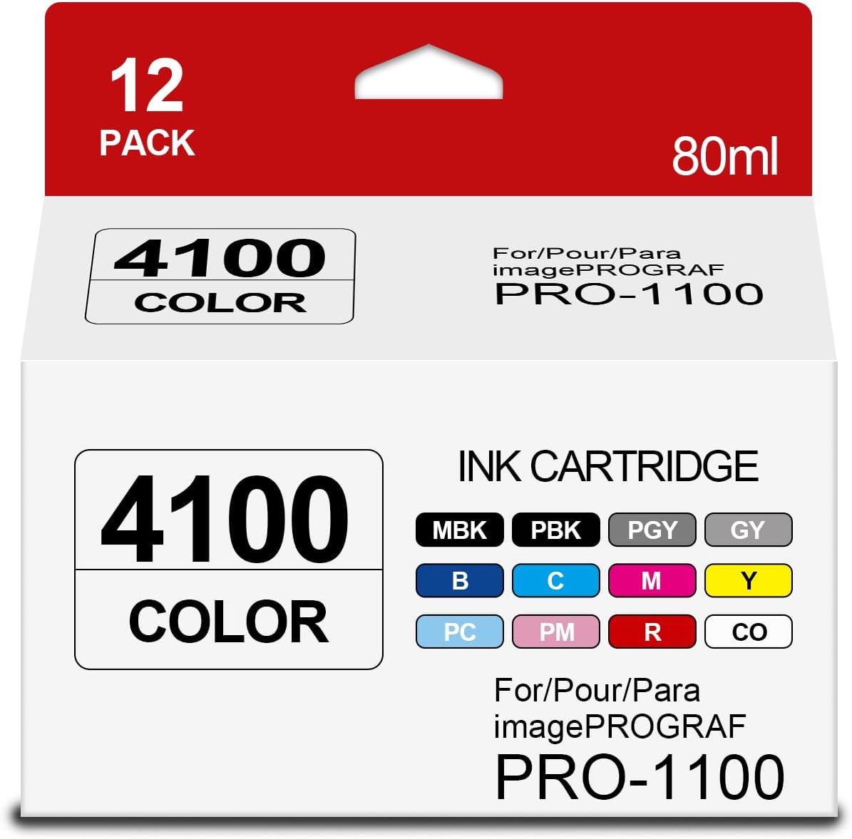 PFI-4100 PFI 4100 Ink Cartridges High Capacity Compatible for Canon PFI-4100 Ink ImagePROGRAF PRO-1100 Printer (12 Pack,MBK, PBK, C, M, Y, R, GY, B, PGY, PC, PM, CO)