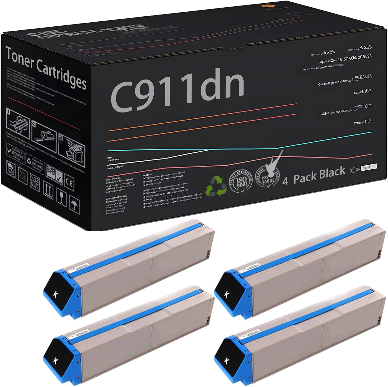 Wondrx Compatible with Okidata OKI C911dn C931dn C941dn C942dn Black Color Toner Cartridges, 45536424 45536423 45536422 45536421 Toner Supply High Yield 25000 Pages (4 Pack Black)