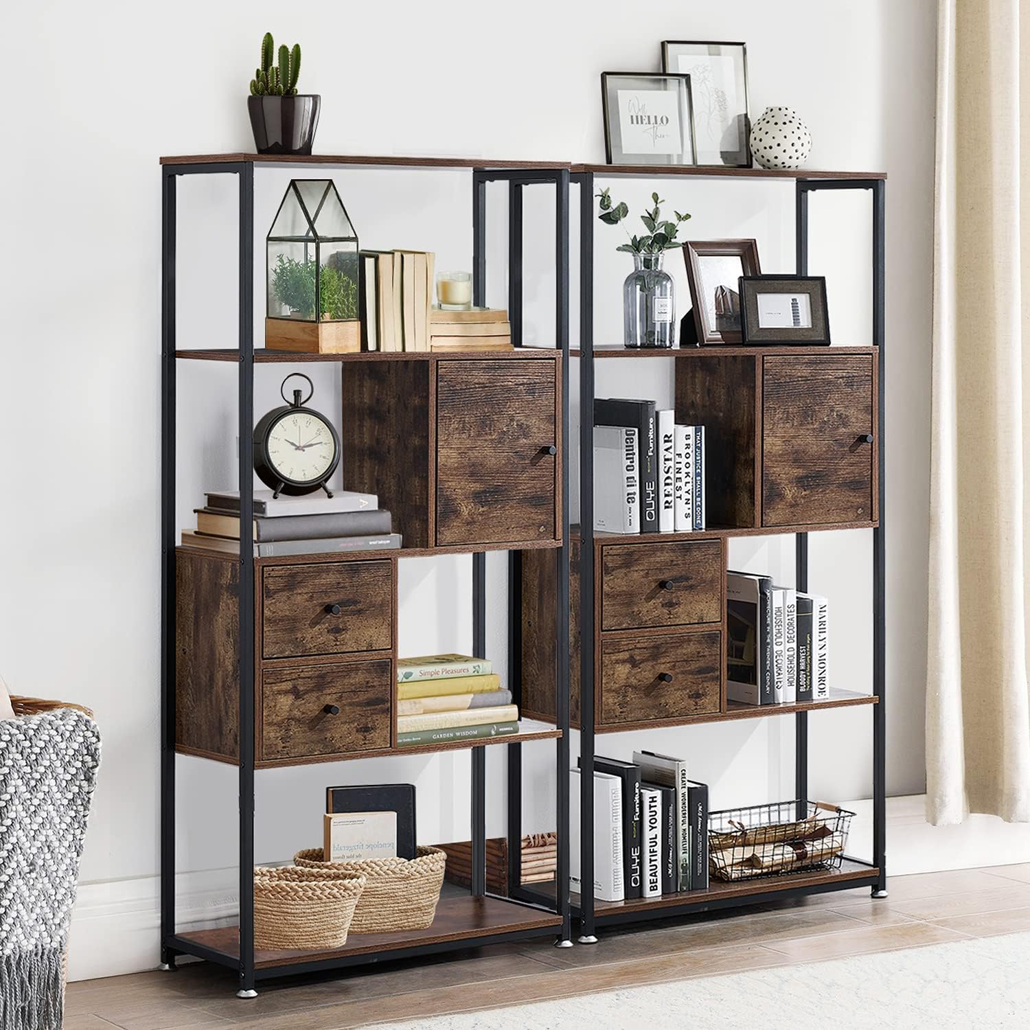 VECELO Retro Bookcase Set of 2, 4-Tier Bookshelf with Doors Drawers, Storage Cabinet for Books, Photos, Decorations, in Living Room,Bedroom, Home Office, Mid-Century Modern Style, Vintage Brown