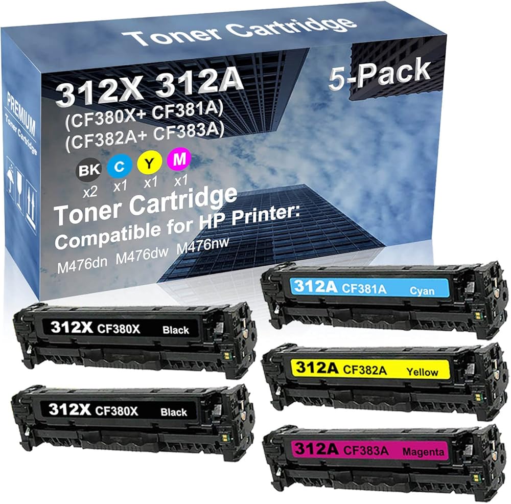 5-Pack (2BK+C+Y+M) Compatible High Yield 312X 312A (CF380X+ CF381A+ CF382A+ CF383A) Laser Printer Toner Cartridge use for M476nw Printer