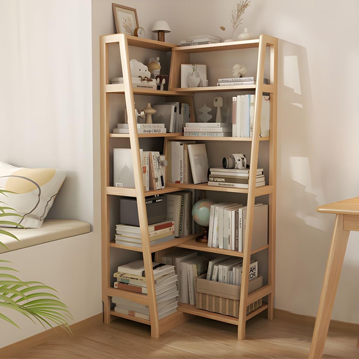 CraftThink 5-Tier Corner Bookshelf, Stand Bookcase Etagere Bookcase Tall Corner Shelf Display Storage Rack with Open Back and Multiple Shelves for Living Room Bedroom Home Office, Natural