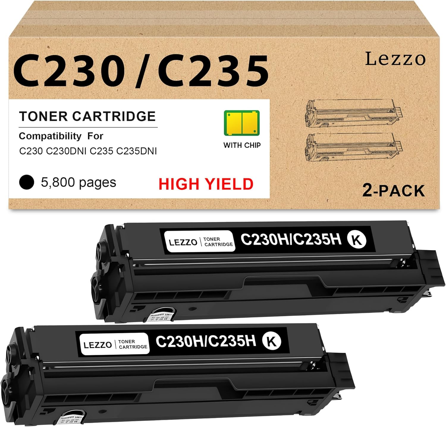 Lezzo C230 C235 High Yield Toner Cartridge 2-Pack (with Chip) 006R04391 Black Toner Replacement for Xerox C230H C235H Toner for C230/DNI C235/DNI Printer