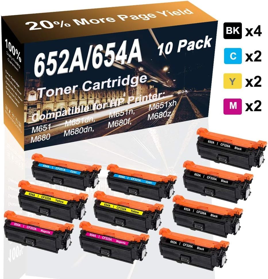 10-Pack (4BK+2C+2Y+2M) Compatible M651dn M651n Printer Cartridge (High Capacity) Replacement for HP 652A/654A (CF320A CF331A CF332A CF333A) Printer Toner Cartridge