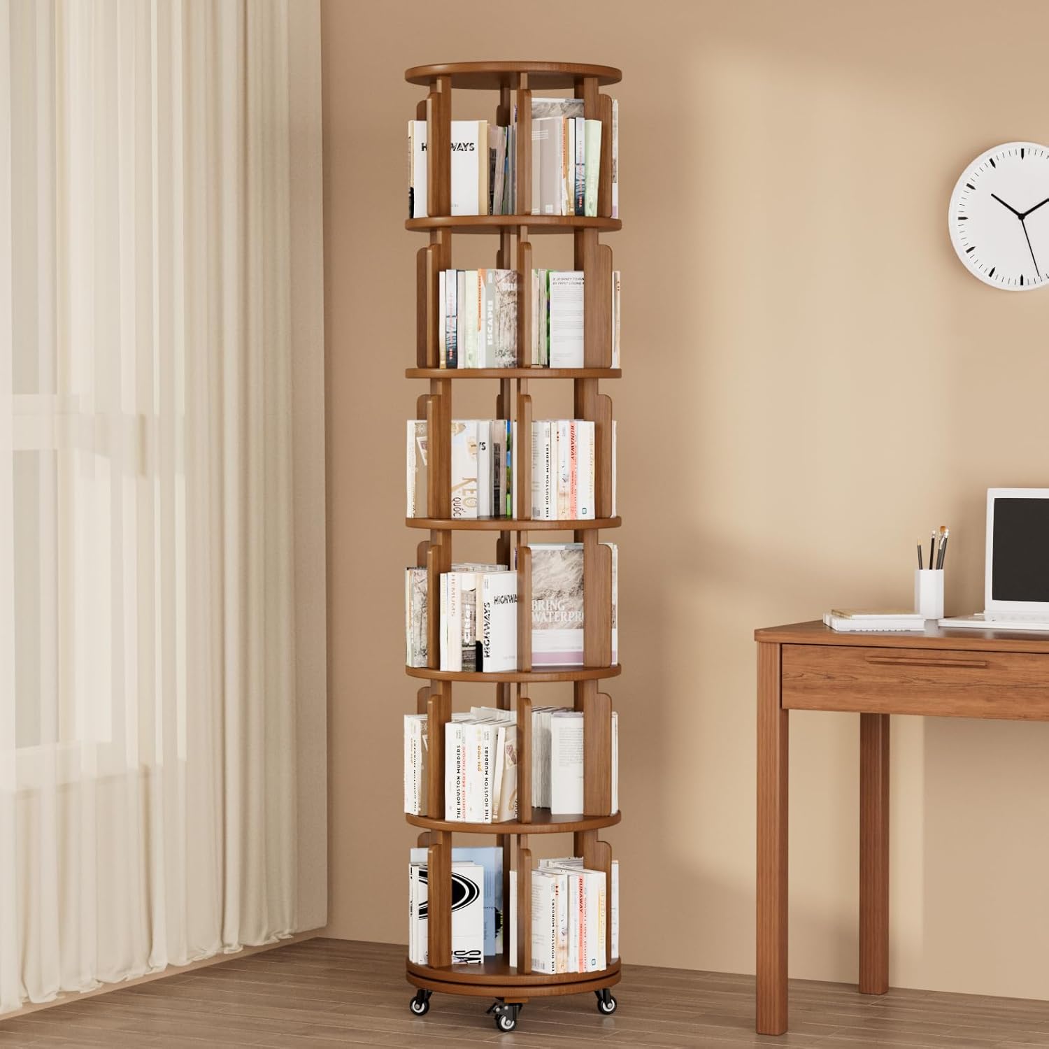 Azlafu 6 Tier Rotating Bookshelf Tower, 360° Spinning Bookcase with Wheels, Solid Wood Round Revolving Shelf for Living Room, Office, Small Spaces, Ergonomic Design for Kids & Adults