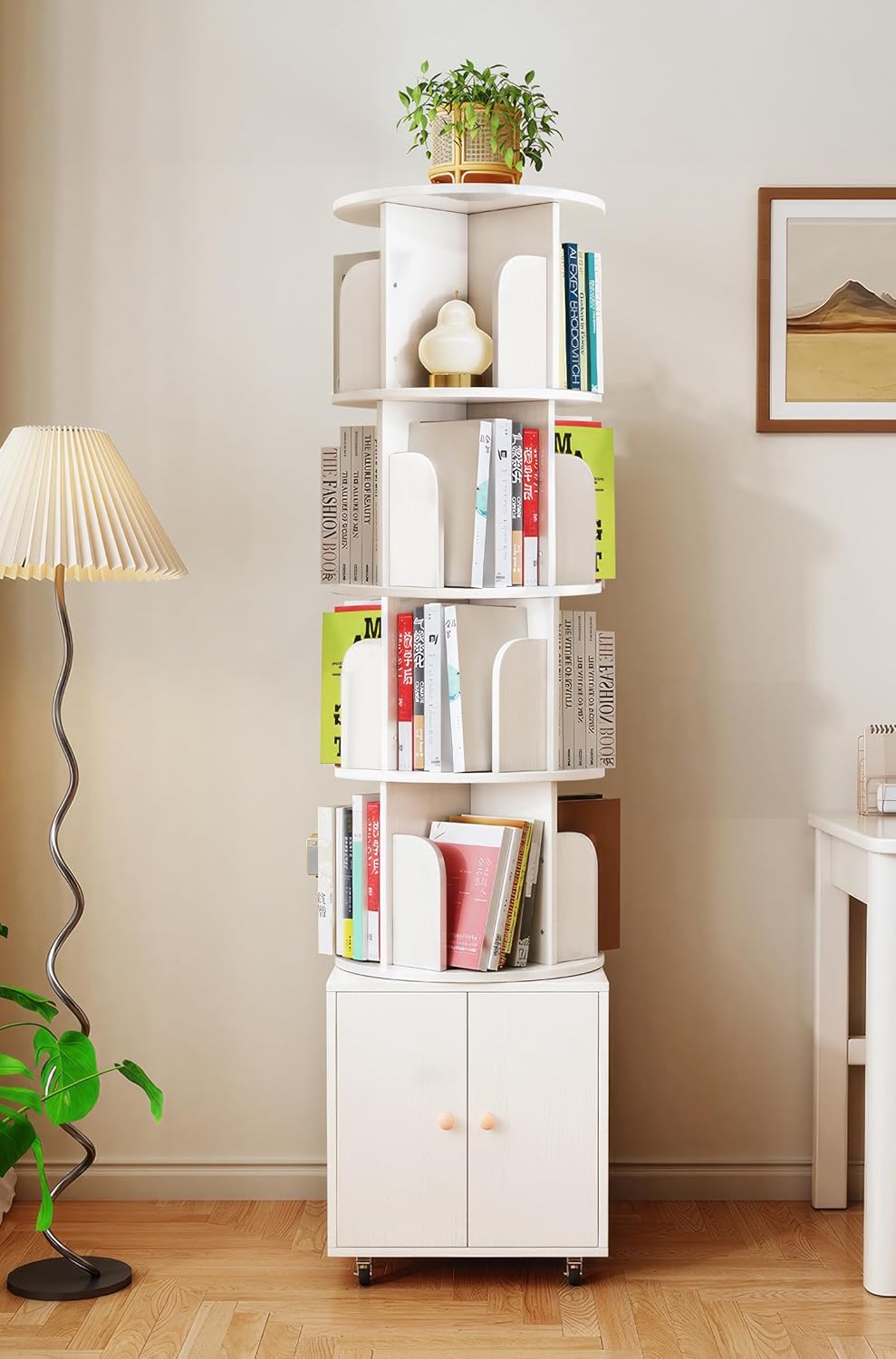 360° Rotating Bookshelf Tower with Wheels, 5-Tier Rotating Bookcase with Square Drawer, Wood Floor Standing Book Organizer for Bedroom and Living Room,Office(White)