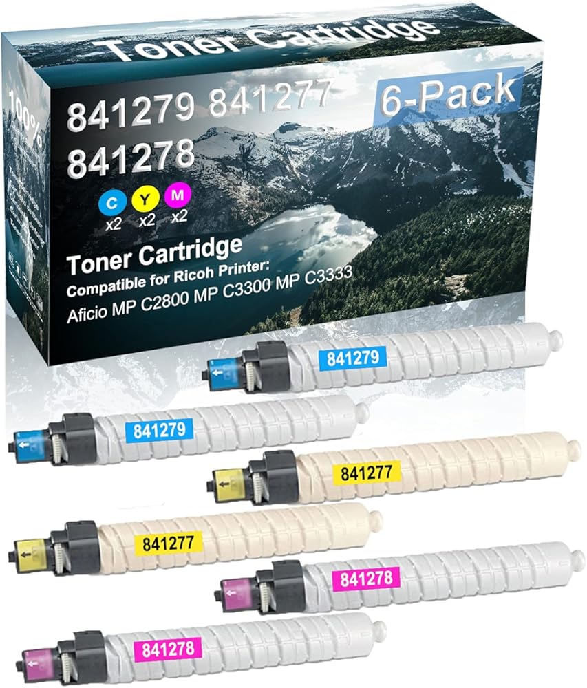 Credibility Store 6 Pack (C+Y+M) Compatible Toner Cartridge Replacement for Ricoh 841279 841277 841278 Printer Cartridge use for Ricoh Aficio MP C2800 MP C3300 MP C3333 Printer (High Capacity)