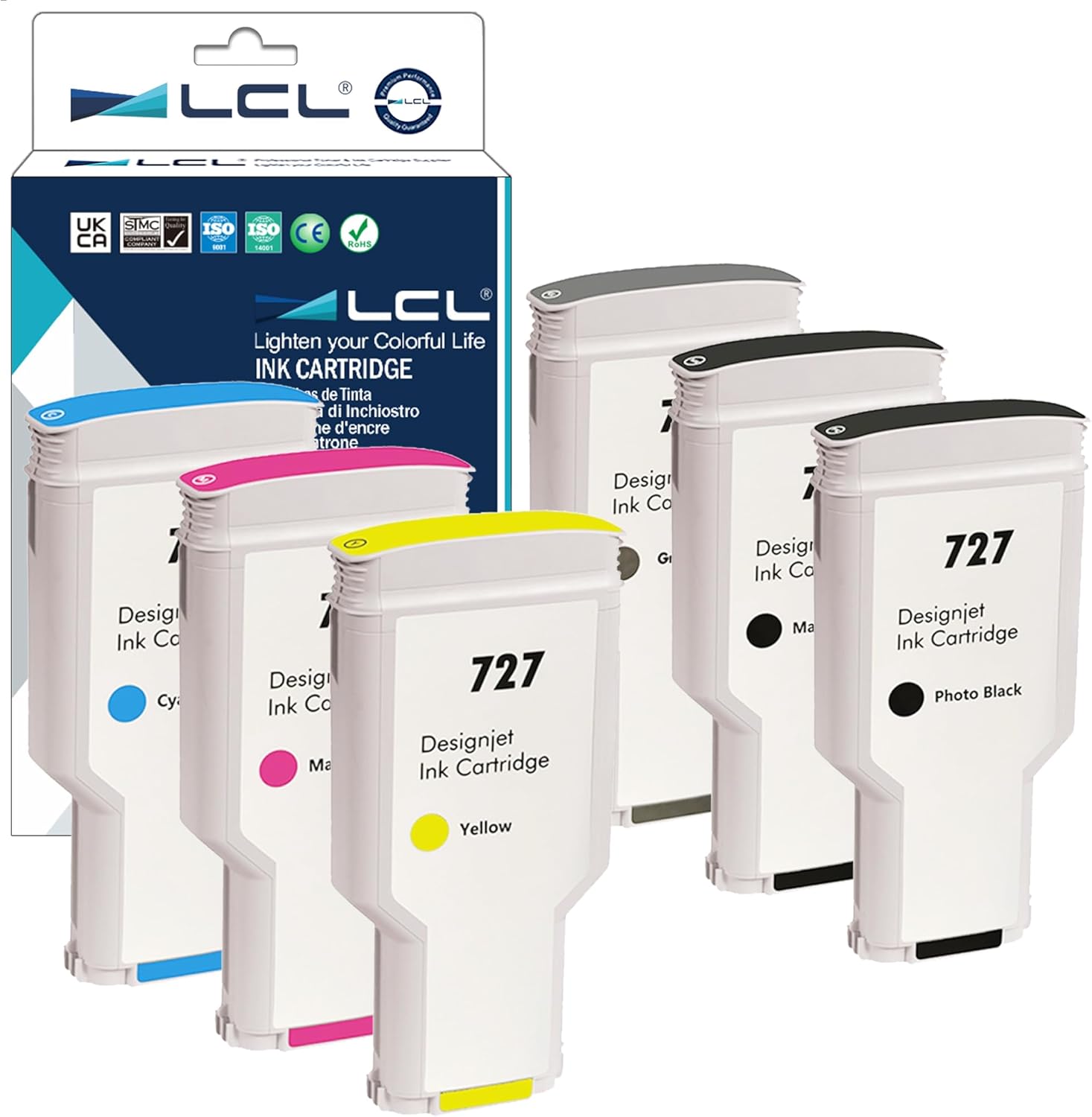 LCL 727 Ink Cartridges 300-ml (6-Pack Photo Black/Matte Black/Gray/Cyan/Magenta/Yellow) Compatible 727 XL Ink Replacement for HP 727 Ink for HP DesignJet T1530 T2500 T920 T930 T1500 T2530 Printer