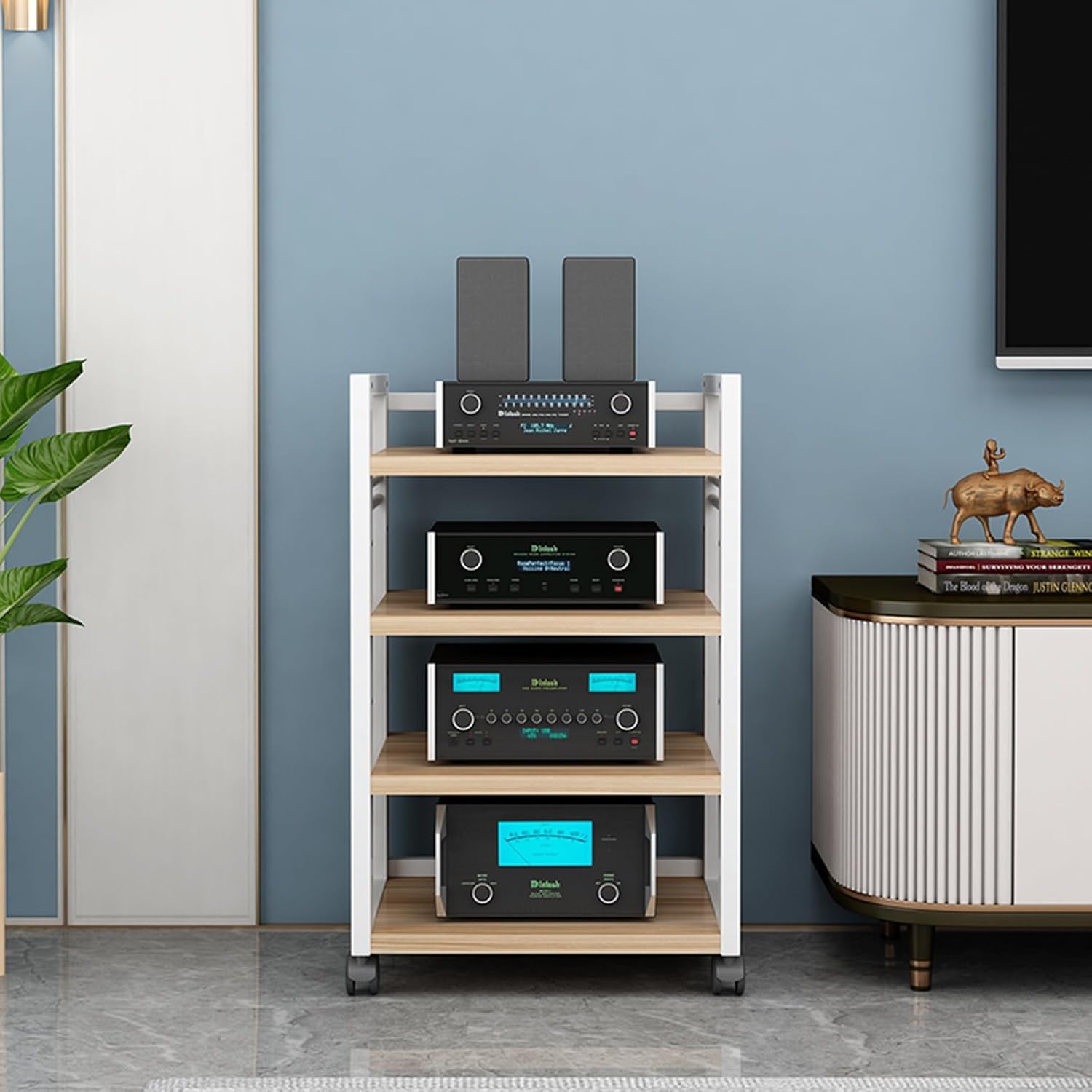 Multi-Function Open 4/5 Tier Movable Media Stand Audio/Video Rack CD Player Stand Stereo Component Storage Cabinet with Height Adjustable Wooden Shelf for Home/Office/Theater (Size : 4-Tier)