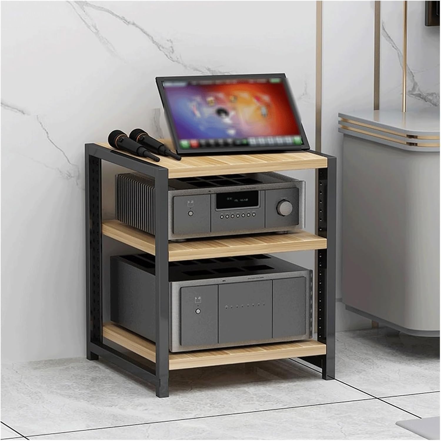 PZEOB Audio Rack Tower AV Media Stand Stereo Cabinet Wooden Record Player Stand with Adjustable Shelves Audio-Video Shelving TV Stand(Natural