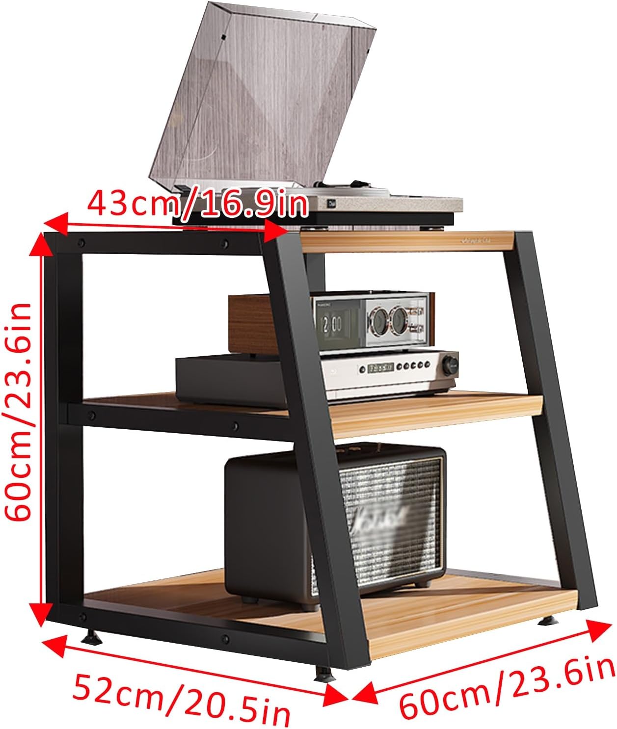 Record Player Stand with Storage Walnut Vinyl Record Player Stand Stereo Racks and Stands with Storage Shelves Movable Audio Rack Tower Player Stand for Living Room & Bedroom(Deep Black