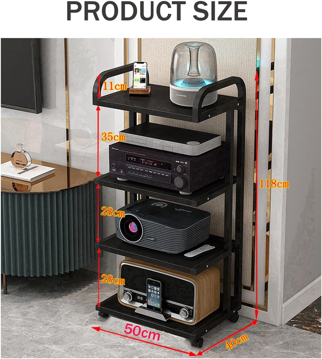 WUHUQN Media Stand AV Media Stand Corner Rack 5 Tier Component Cabinet Stereo Rack Audio Tower with Height Adjustable Wood Shelf for Home/Office/Audio Video/DJ/Theater