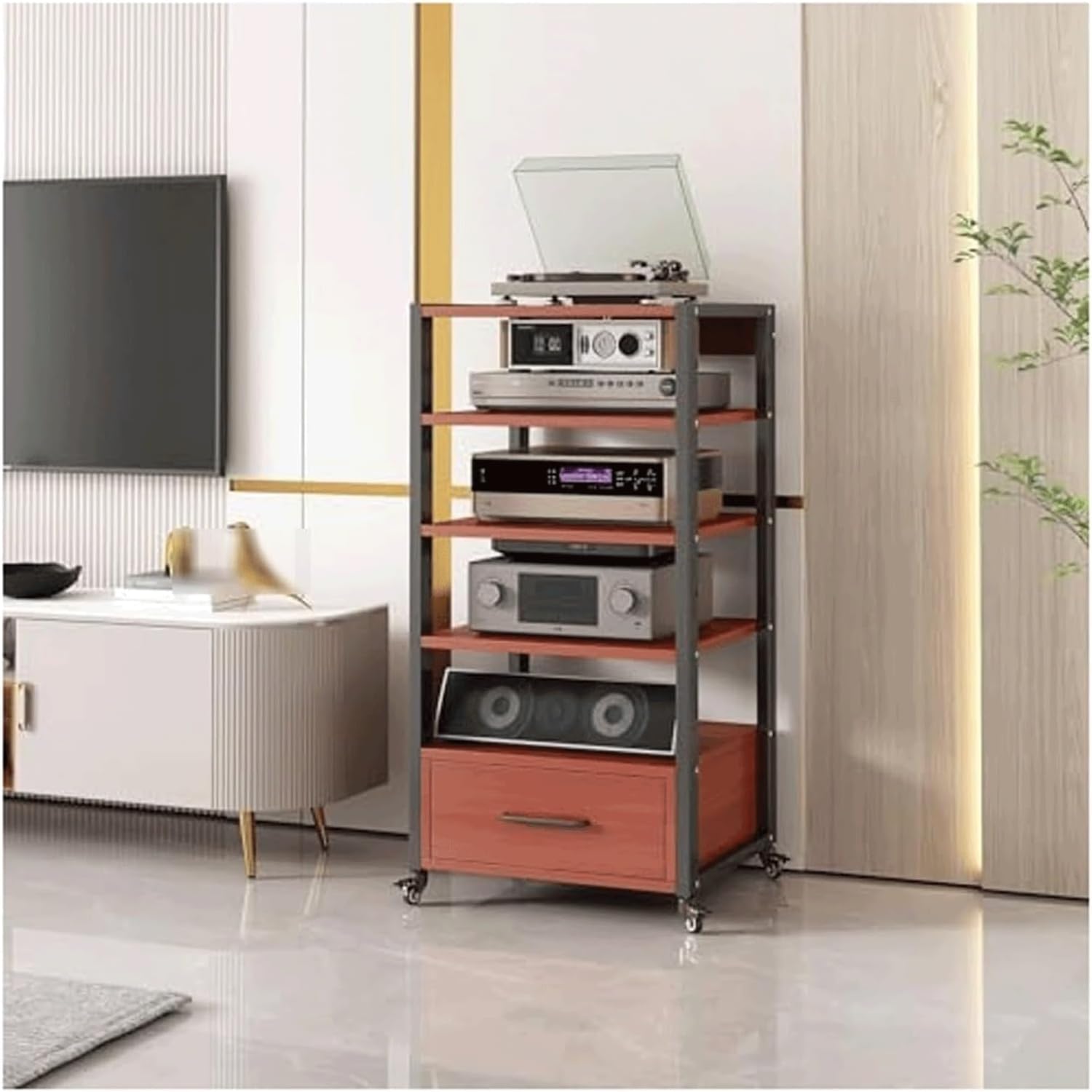 PZEOB Audio-Video Shelving Media Stand with Drawer Audio Rack Stereo Cabinet Adjustable Media Storage Shelves with Wheels Stereo Stands(Rojo