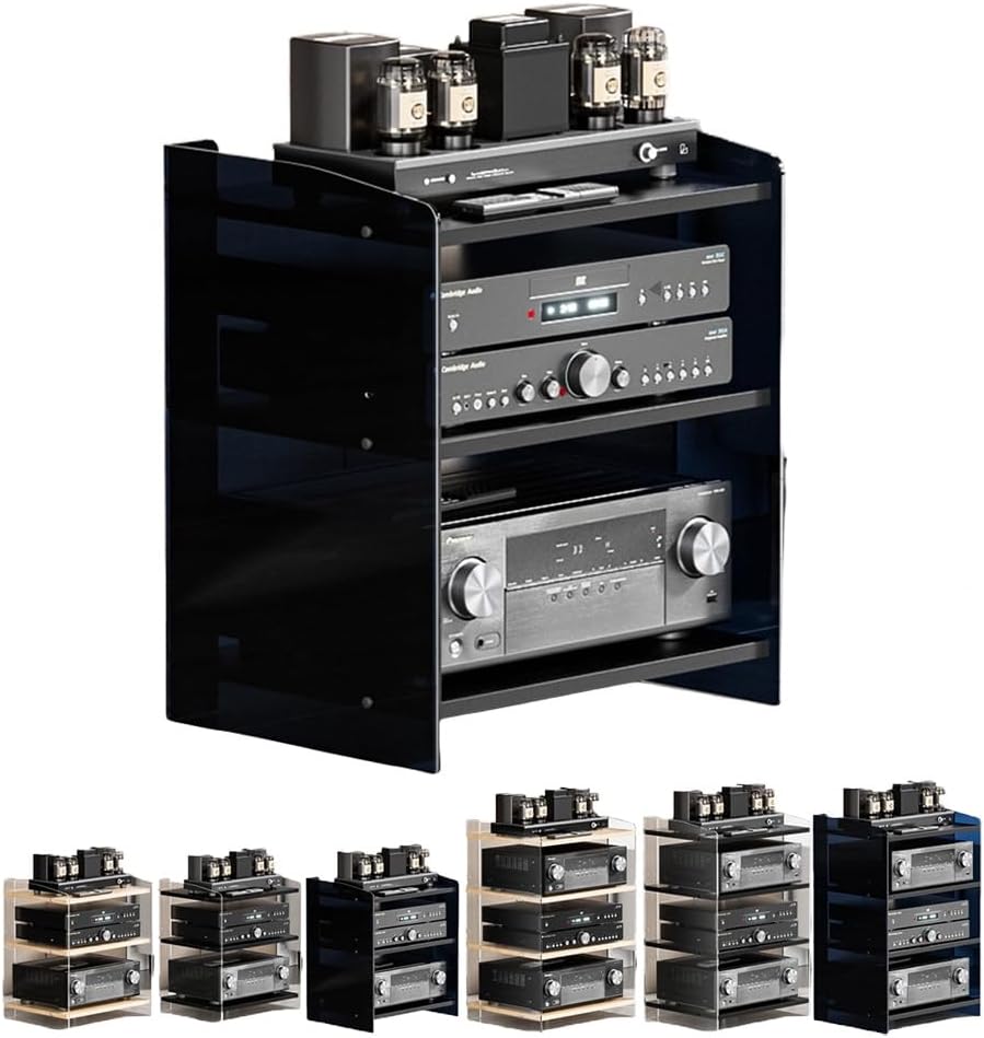 KGPGNYMYHA Acrylic Entertainment Shelves 3 4 Tier Audio Video Shelving Adjustable Media Storage Cabinet Audio Component Rack Floor-standing Record Player Stand(Black