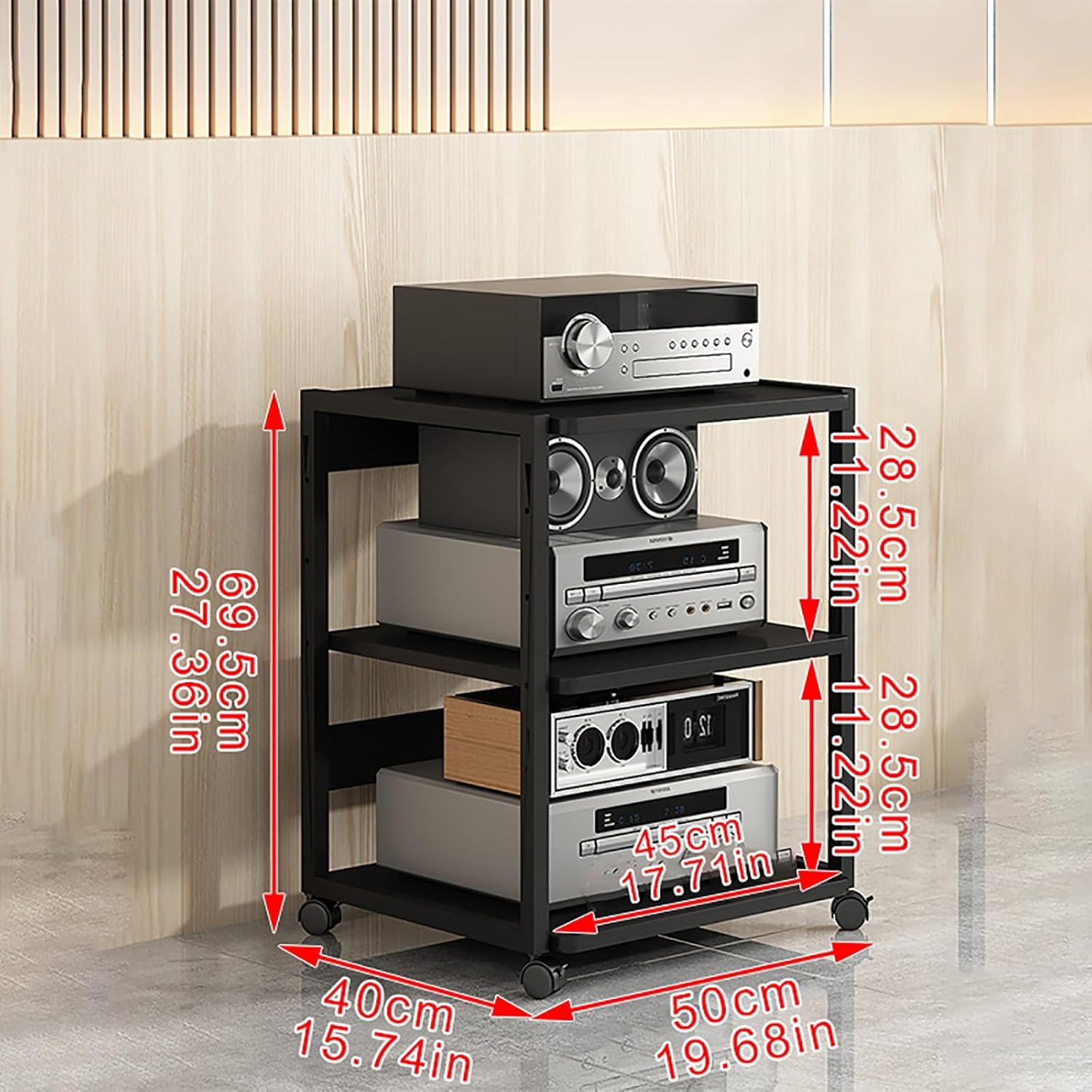 Audio Rack Gaming Shelf Floor-Standing Audio Rack Modern Audio-Video Media Stand with Universal Wheel Mobile Media Storage Stands for Meeting Livingroom Gaming Recording Room.(Walnut