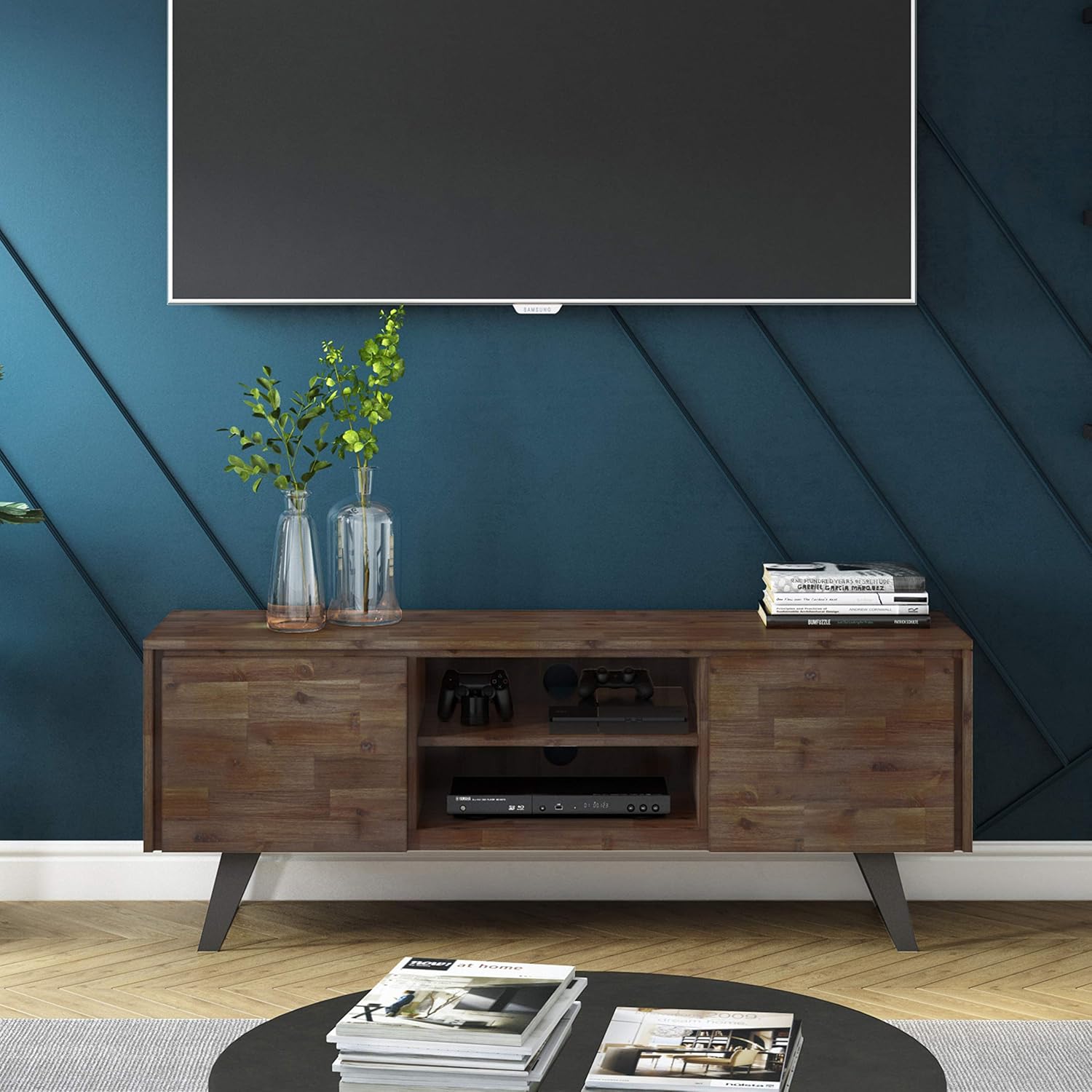 SIMPLIHOME Lowry SOLID ACACIA WOOD 63 Inch Wide Modern Industrial TV Media Stand in Rustic Natural Aged Brown for TVs up to 70 Inches