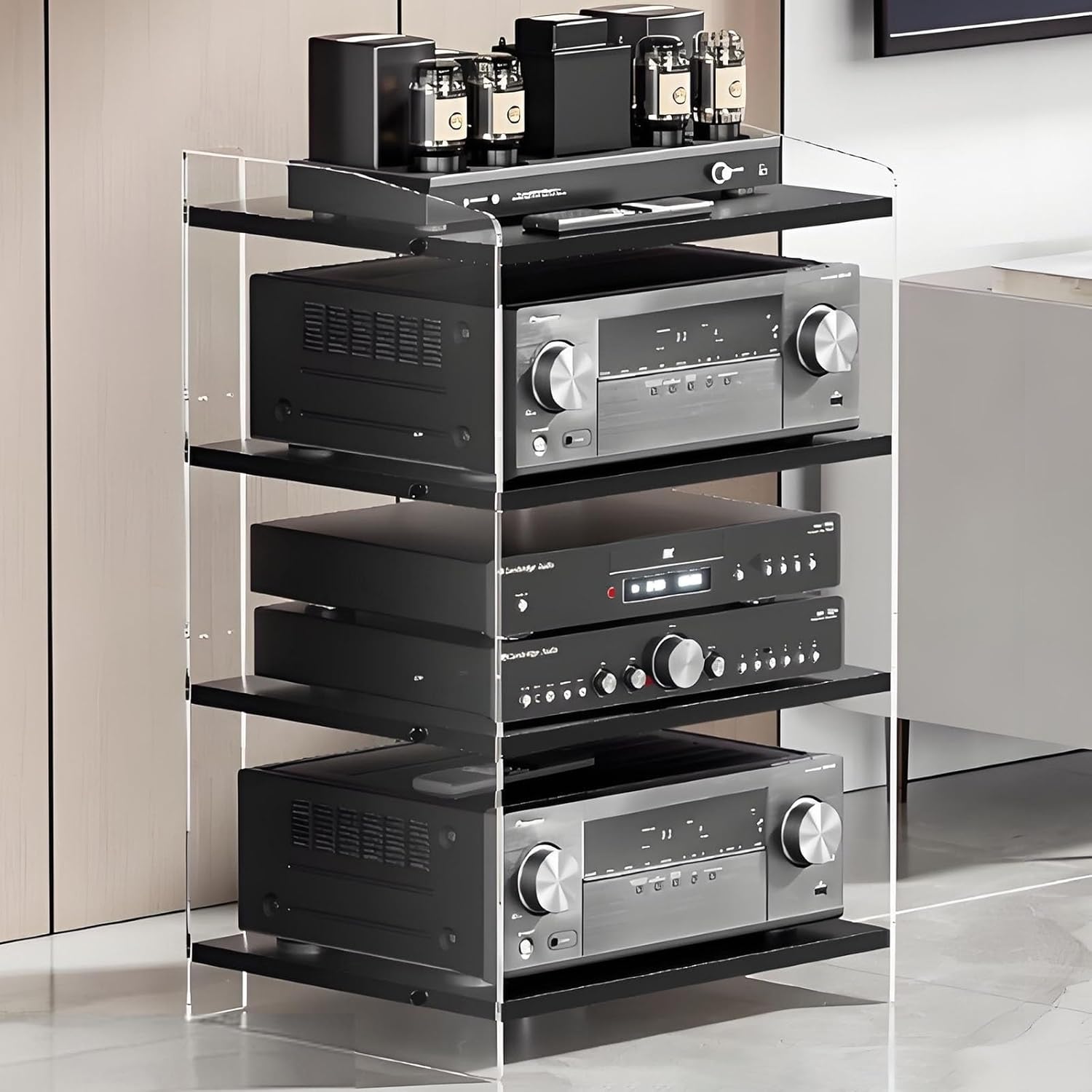 FLDYGMLU Modern Stereo Cabinet for Media Storage - Adjustable Audio Rack Stand Tower with Acrylic Baffle