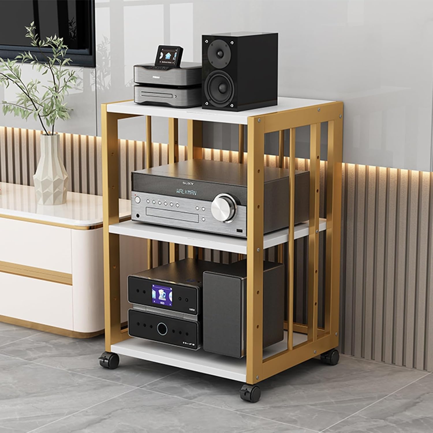 QUANGJN 3-Layer Media Storage Cabinet Video Rack CD Player Stand Stereo Component Storage Cabinet for Office/Audio Video/DJ/Theater with Height Adjustable Wooden Shelf