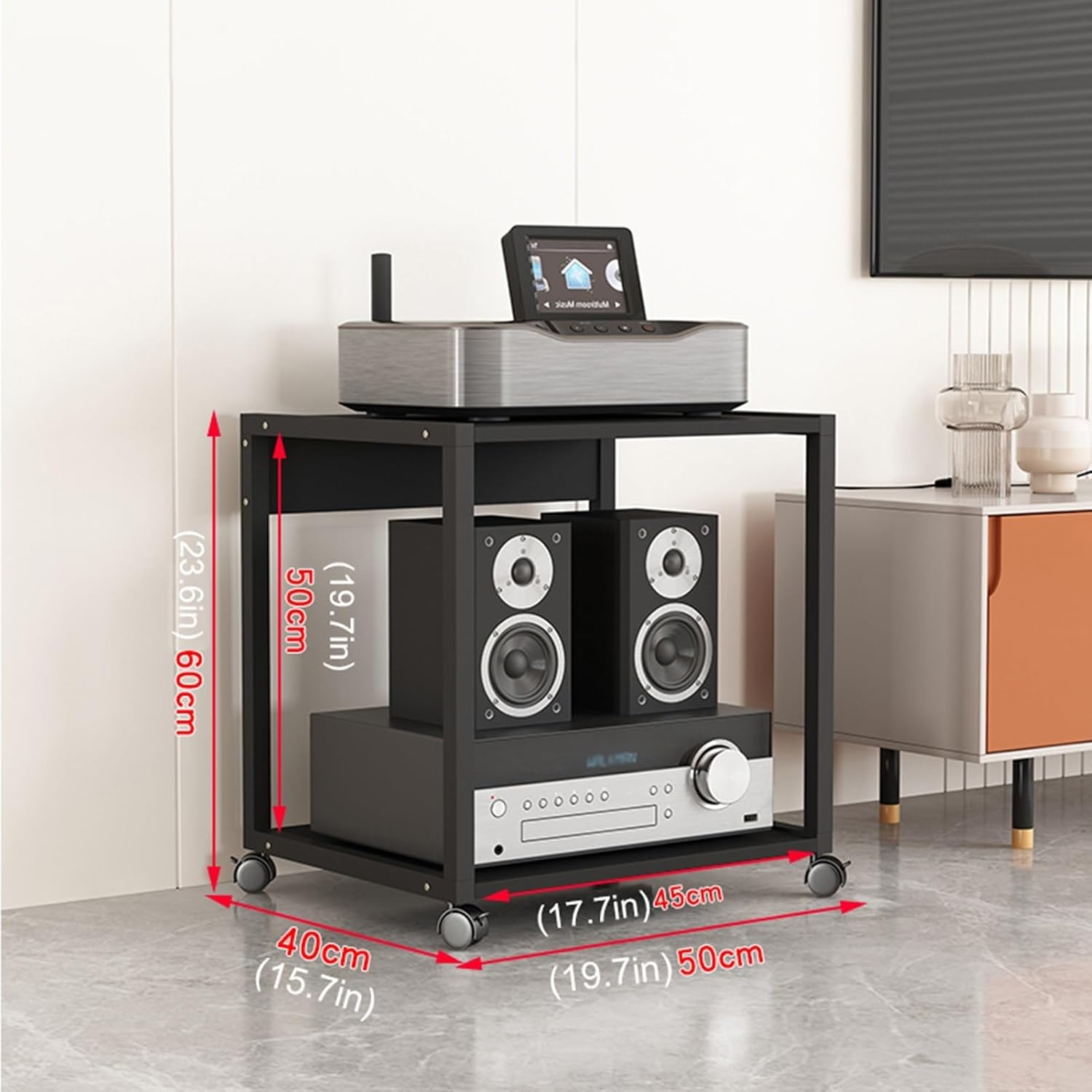 XingLi 2-Tier Movable Audio Video Rack Media Stand Living Room Corner TV Stand CD Player Stereo Component Cabinet Multi-Function Open Storage Shelf Multiple Sizes(Color:50x40x60cm)