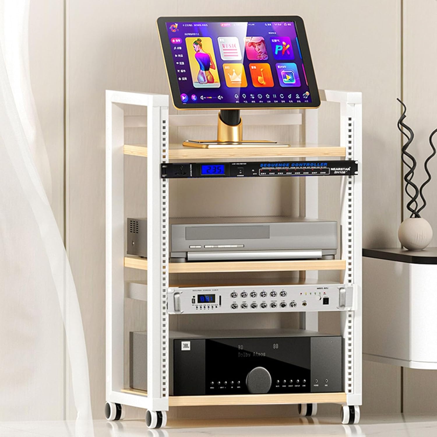 3-Tier Movable Media Stand Audio/Video Rack CD Player Stand Stereo Component Storage Cabinet with Height Adjustable Wooden Shelf for Home/Office/Theater