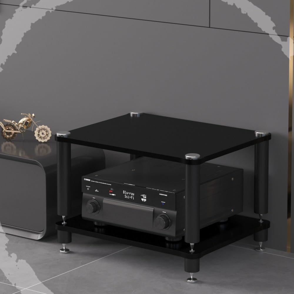 3-Tier Black Wood AV Media Stand - Audio Tower & Record Player Shelf