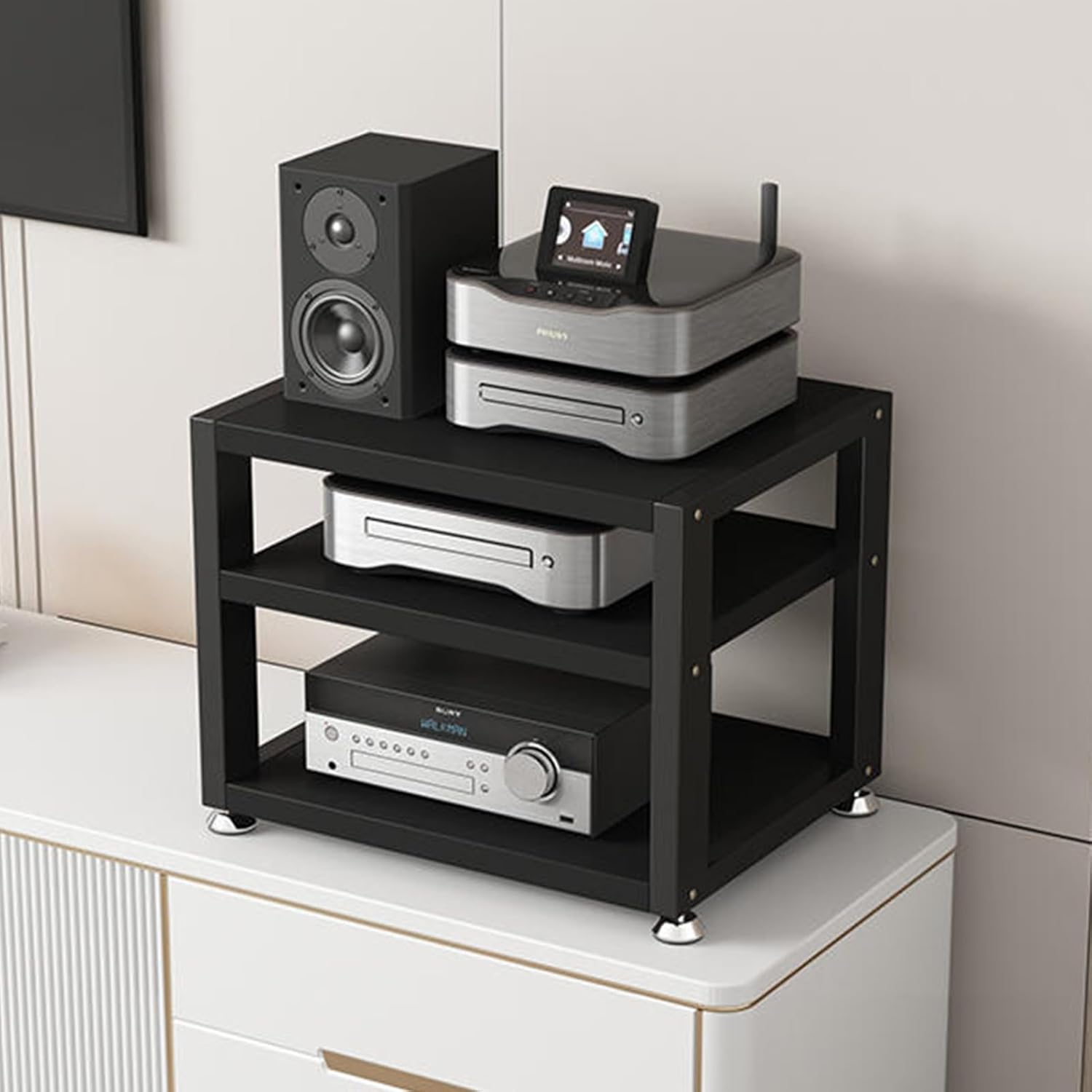 UYCVT Multi Function Stereo Cabinet for Home Office Theater 3 Tier Media Stand Open Audio Rack Component Cabinet-Black-3 tiers-w45cm/17.7