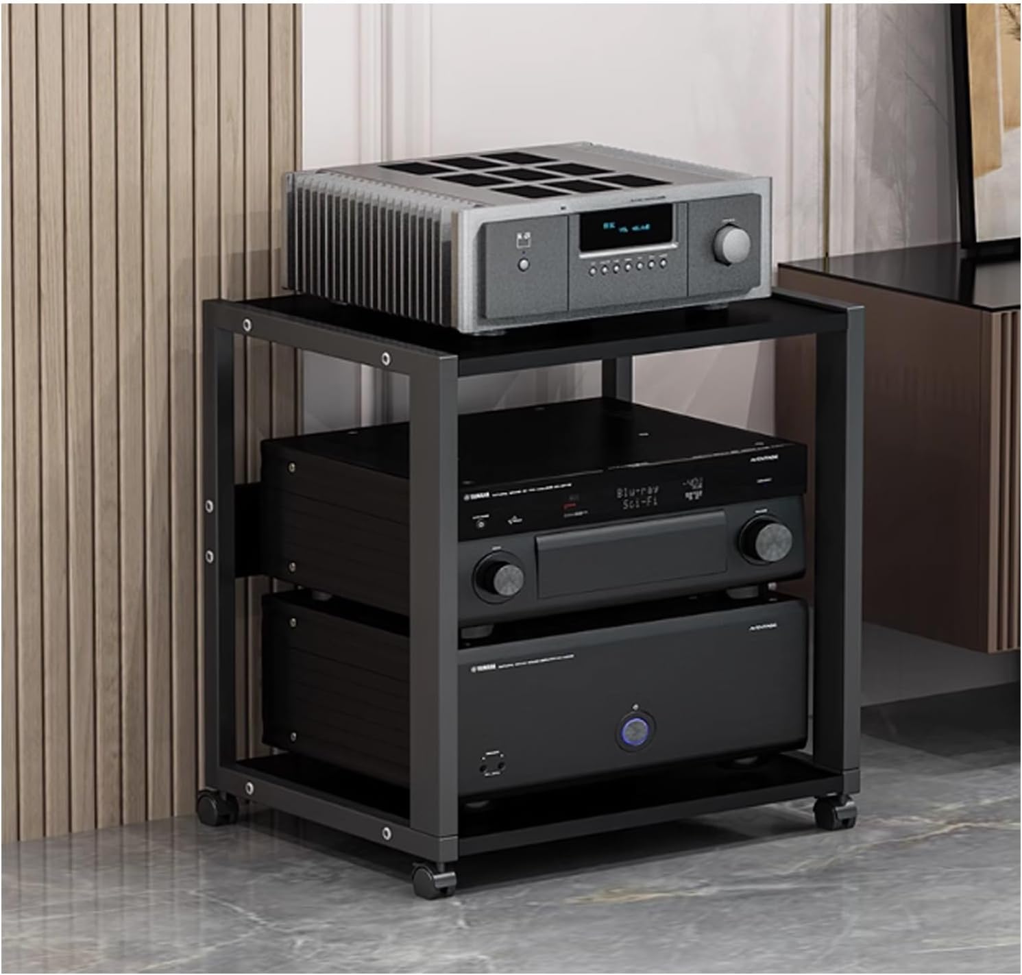 Modern Audio Video Media Stand with Wheels - Versatile Floor-Standing Cabinet for Home Theater & Office Entertainment - Open Storage Rack for Stereo System (Black