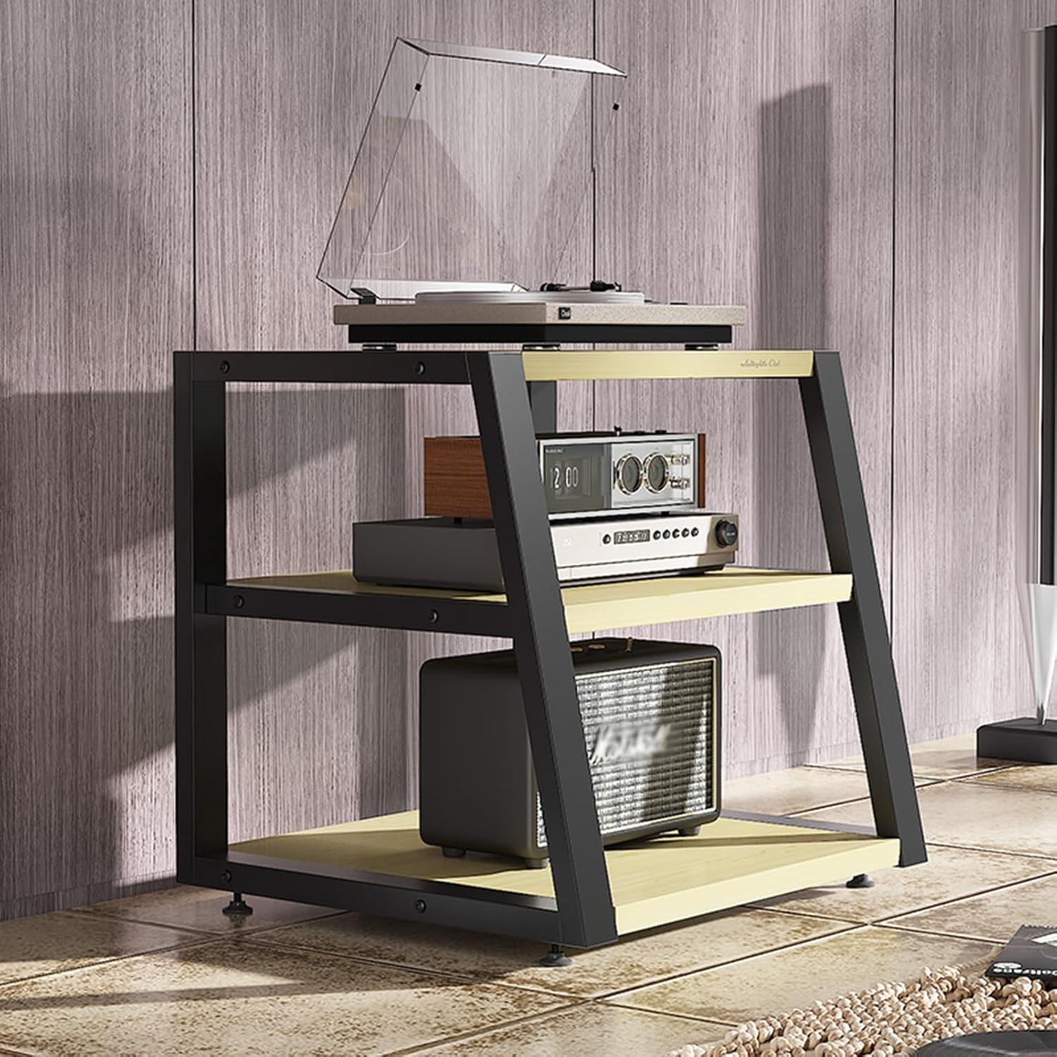 Record Player Stand with Storage Walnut Vinyl Record Player Stand Stereo Racks and Stands with Storage Shelves Movable Audio Rack Tower Player Stand for Living Room & Bedroom(White Maple