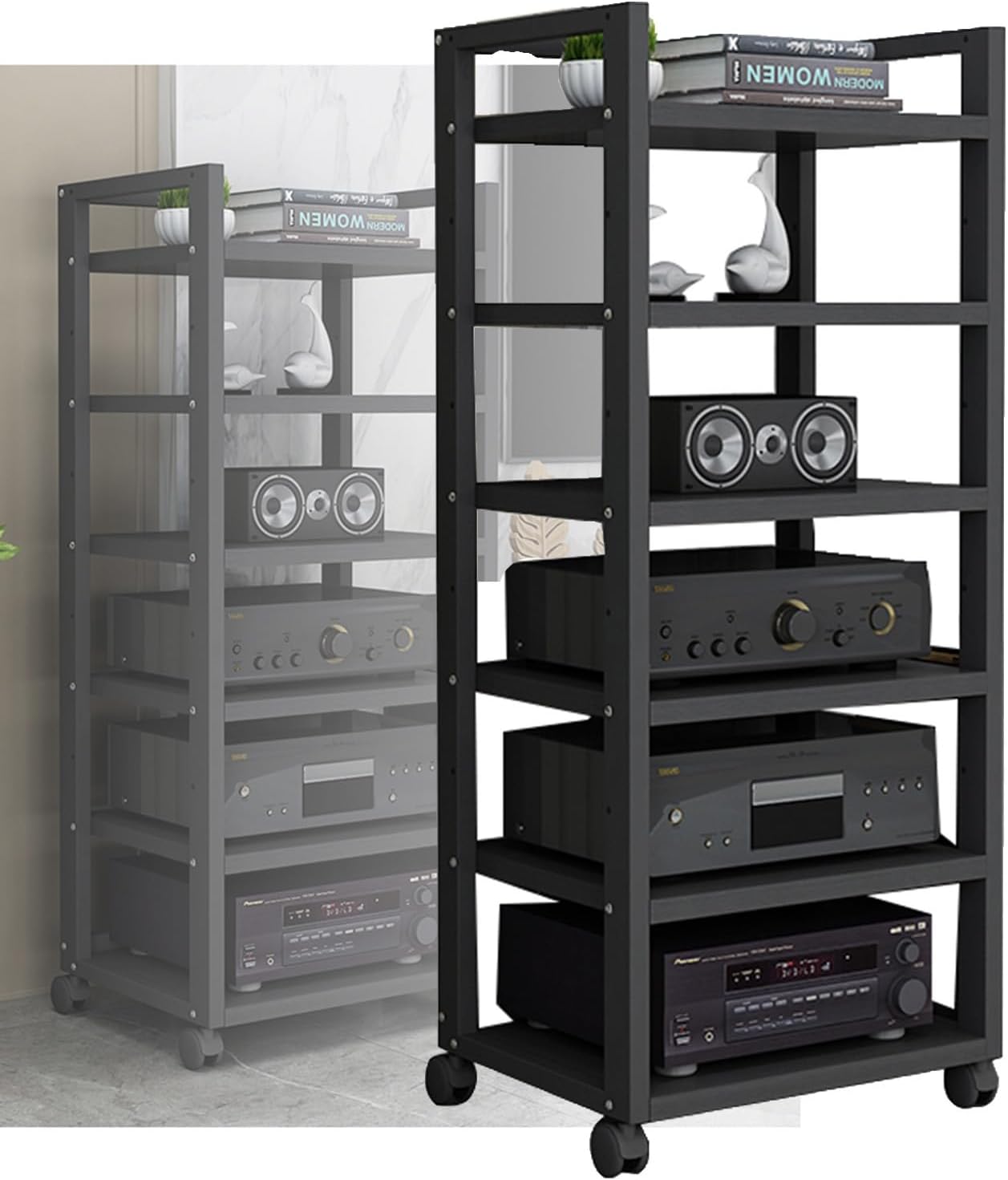 YLQFGUVWK 6 Tier AV Media Stand Corner Shelf Bracket Wooden Corner Shelf Component Cabinet Stereo Rack Audio Tower With Height Adjustable Wood Shelf For Home/Office/Audio Video/DJ/Theater(Black)