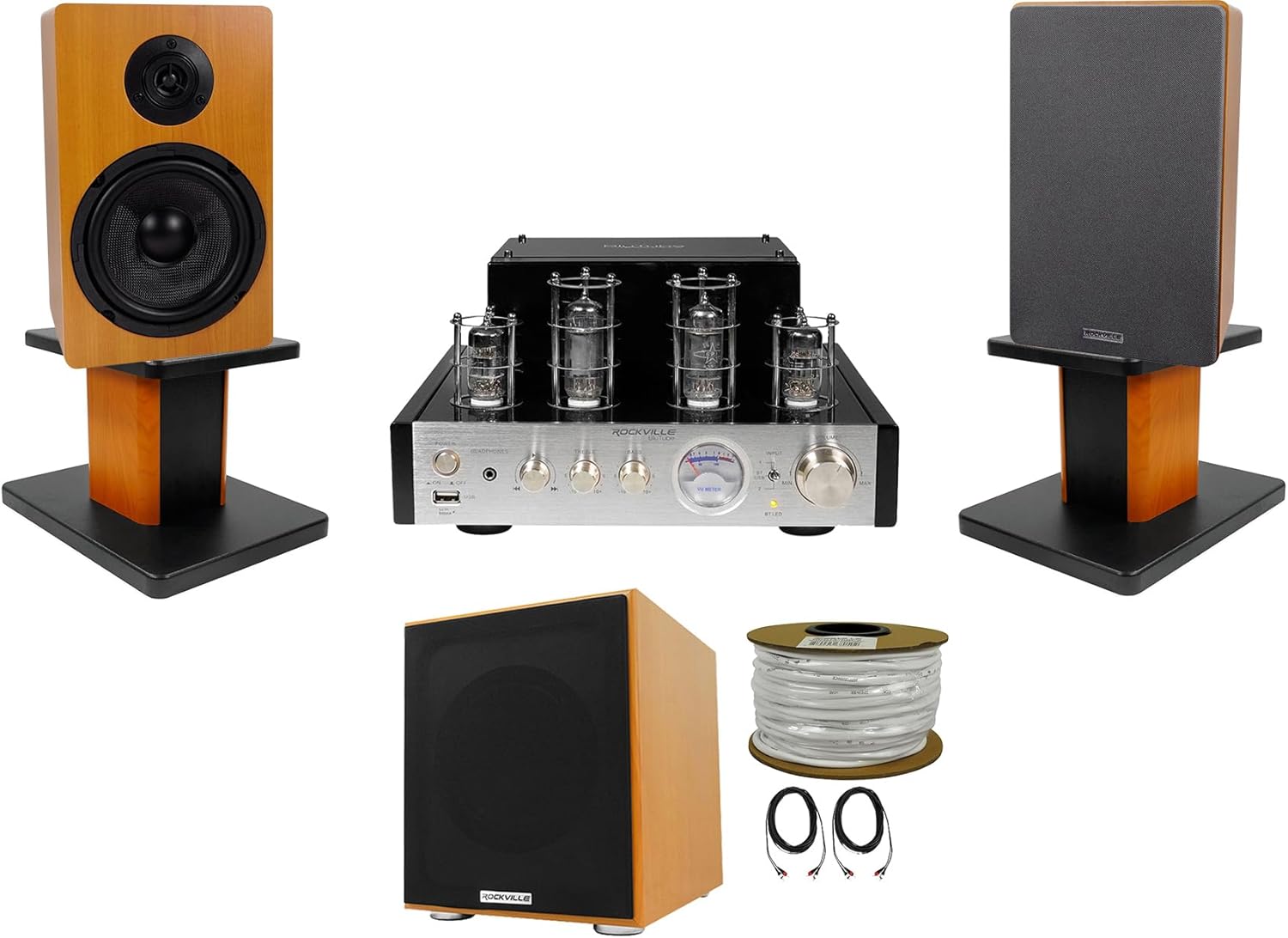 Rockville BluTube Bluetooth Tube Amplifier+Wood Bookshelf Speakers+Stands+Sub