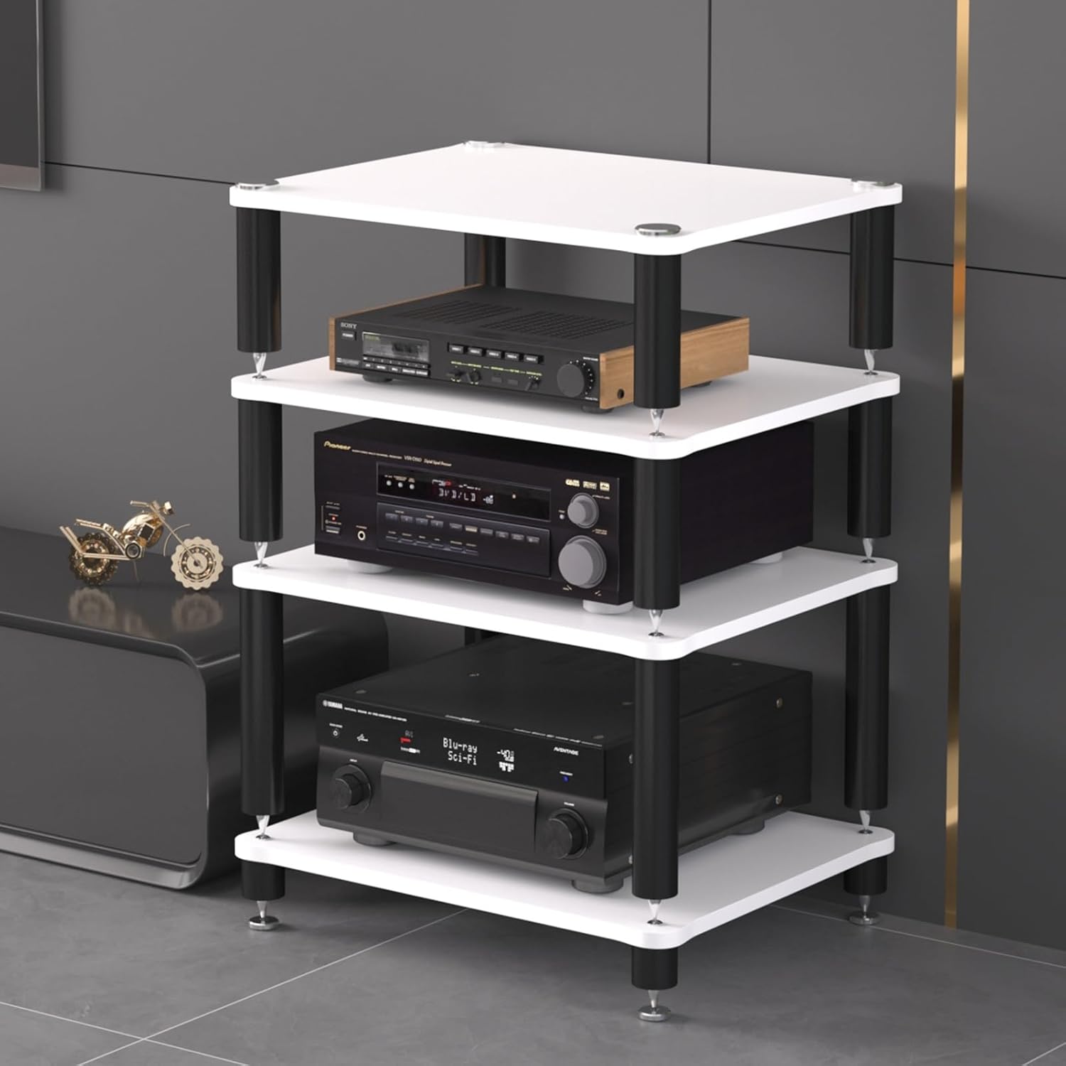 Mobile Stereo Hifi Rack AV Media Stand Entertainment Stereo Stand Media Tower Display Record Player Stereo Receiver Storage for Entertainment Stereo Component for Living Gaming Recording Room(Light wh