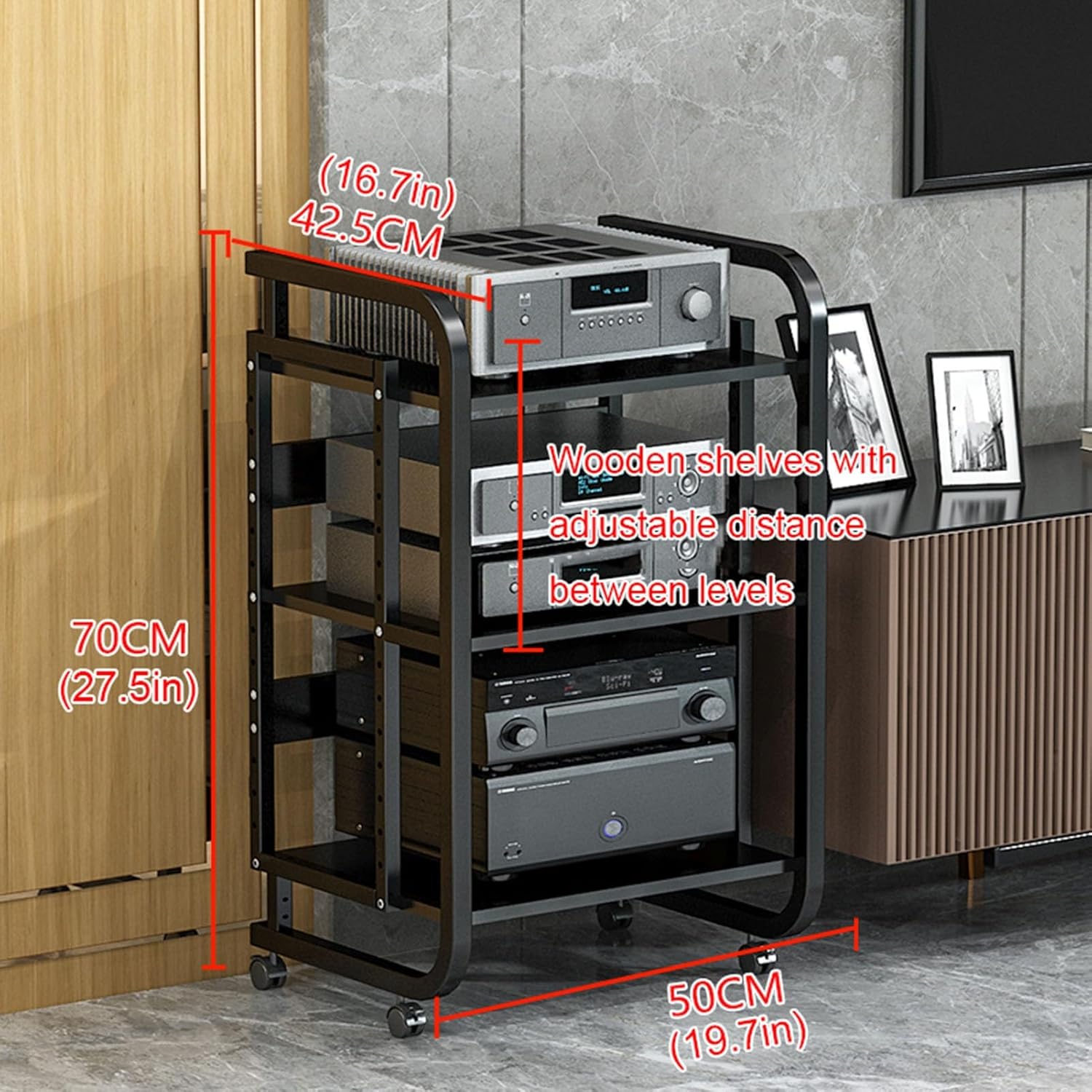 3/4/5-Tier Movable AV Media Stand Audio Tower Home Theater Stereo Component Cabinet CD Player Stand Multi-Function Open Storage Rack with Height Adjustable Wooden Shelf(Color:Black