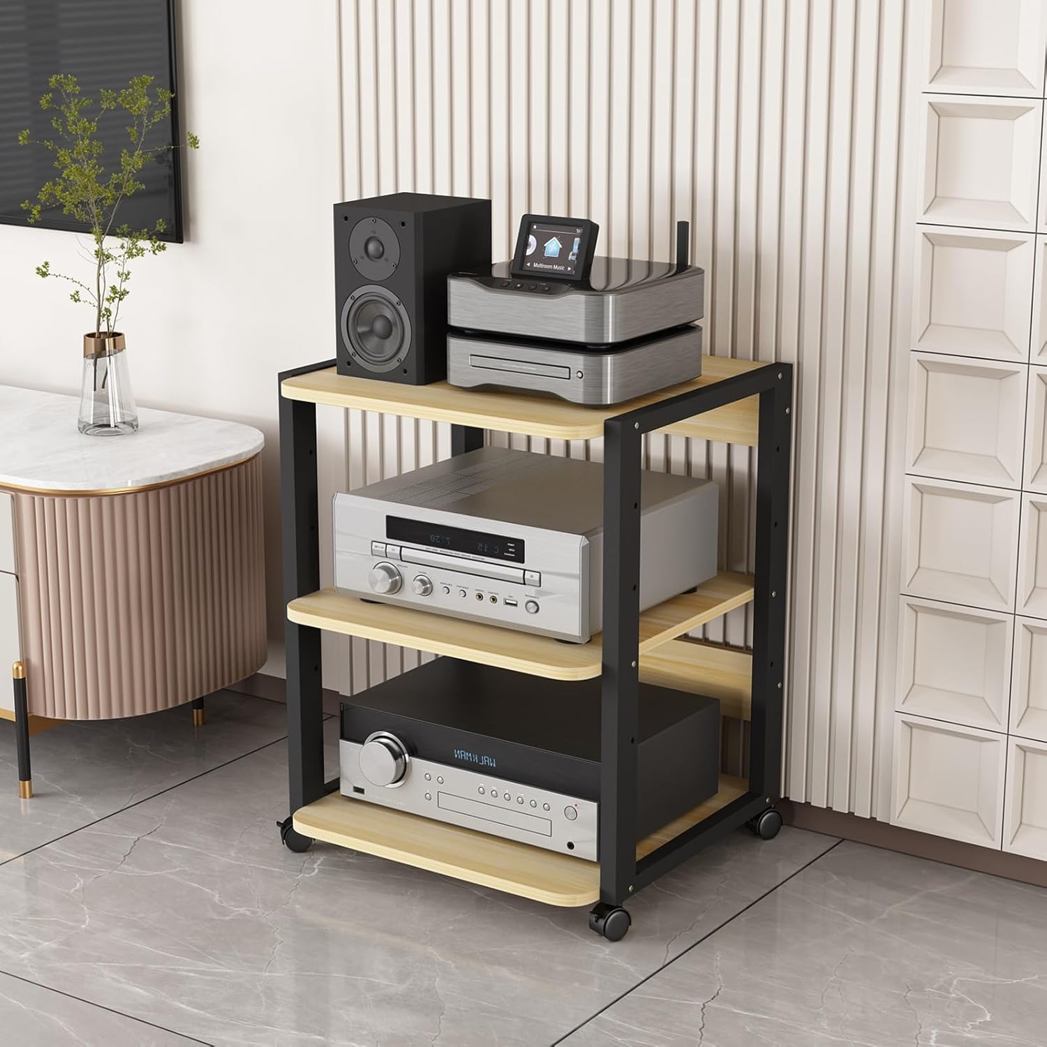 3-Tier Movable Audio Video Components Media Stand CD Player Stand Stereo Rack Corner TV Stand Movable Storage Cabinet with Height Adjustable Wooden Shelf for Home/Office/Theater (Color : B)