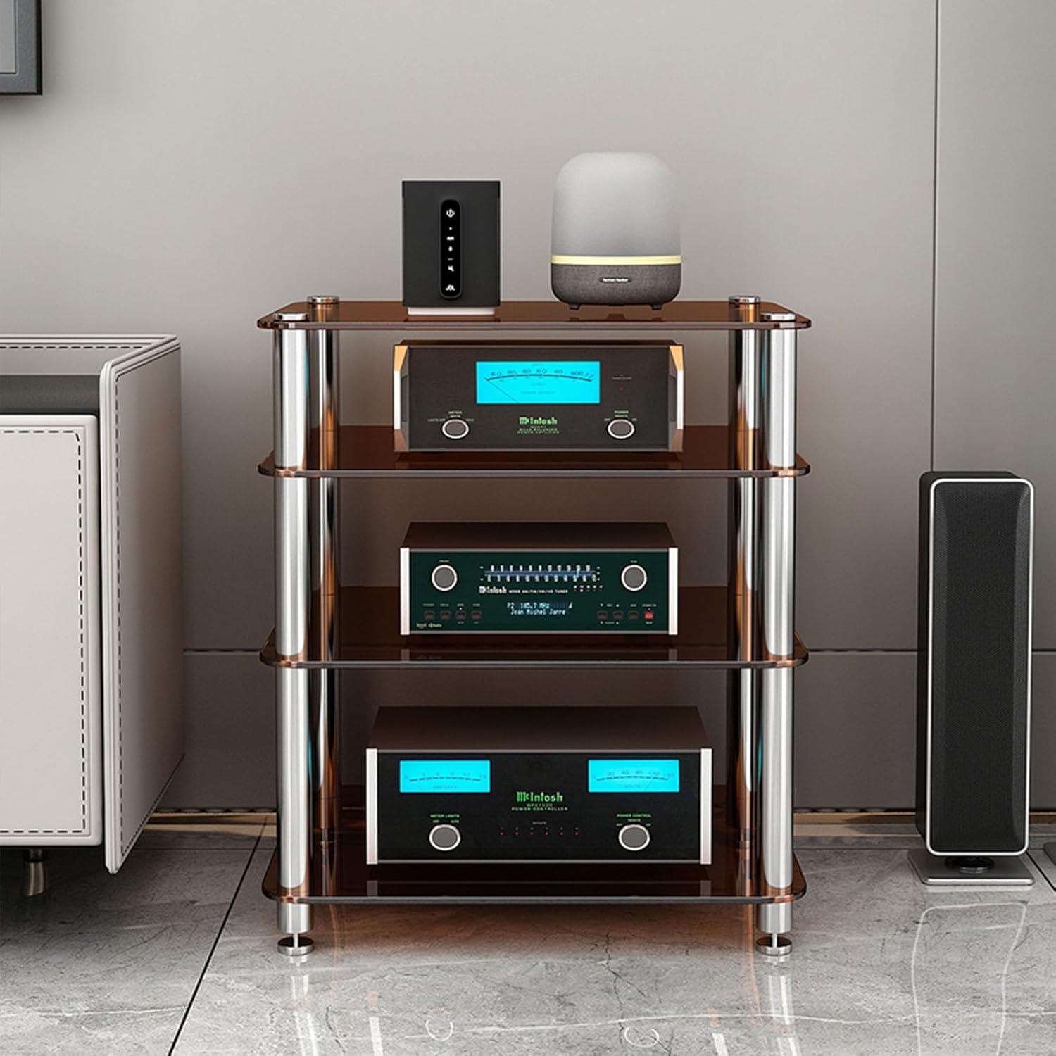 LIHDNGXM 1/2/3/4-Tier Audio Rack Tower with Tempered Glass Shelves Stereo Rack AV Media Stand AV Equipment Cabinet Stereo Receiver Display Stand CD Record Player(Amber Glass