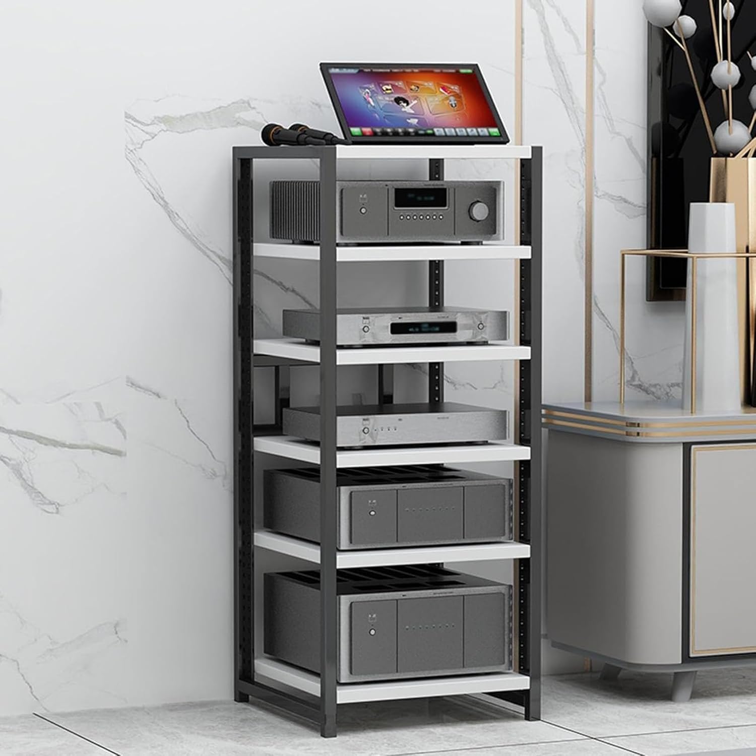 5-Tier AV Media Cabinet Stand Audio/Video Component Cabinet Stereo Rack Audio Tower with Height Adjustable Tempered Wood Shelf for Home/Office/DJ/Theatre 50x40x100cm (Color : D)