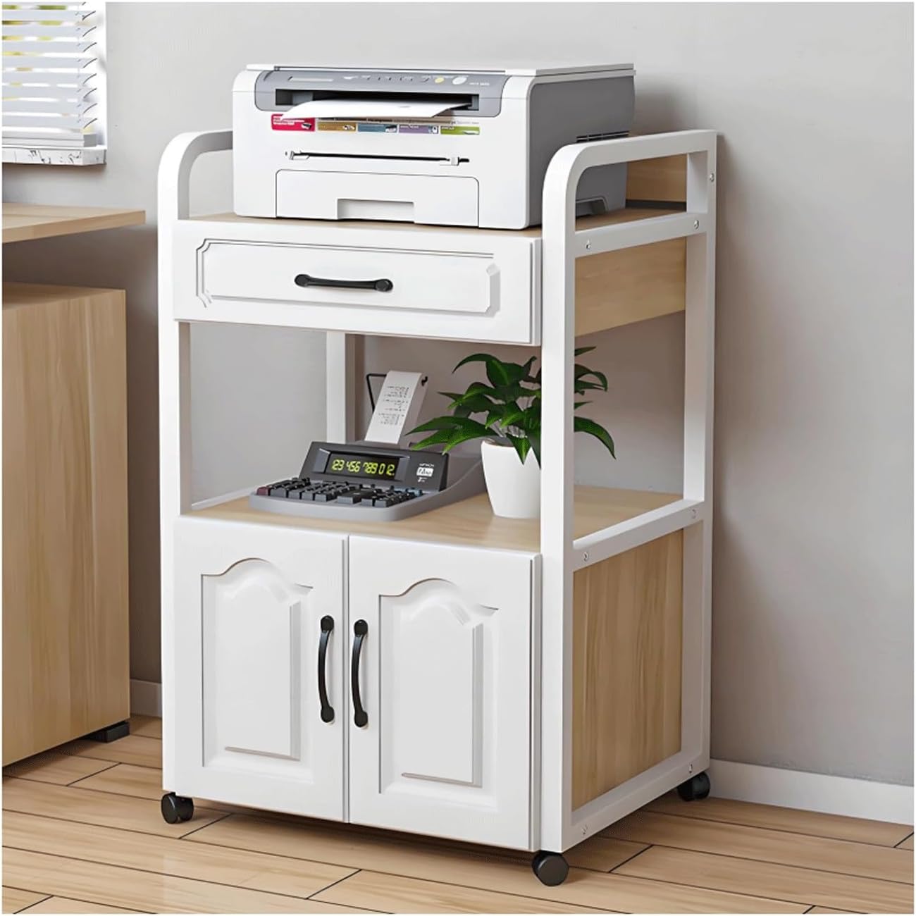 XMFBSY Medios 2 Tier AV Media Stand with Drawer & Door HiFi Stand Wooden Stereo Component Cabinet Modern Video Game Console Shelf for Home Office Organizer(Natural)