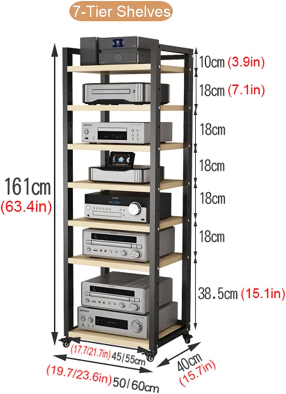 7 Tier Audio Rack CD Media Player Stand Audio/Video Component Cabinet Floor-Standing Movable Storage Shelf with Wheels for Home/Office/Theater