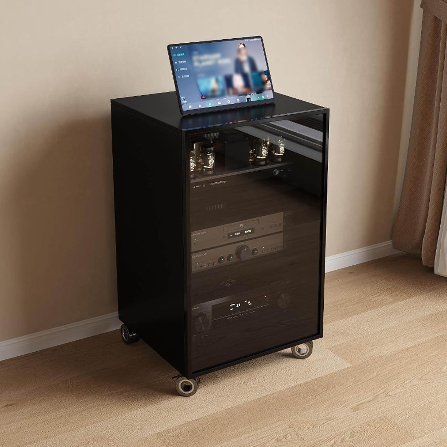 YITAYMLI 2/3/4 Tier AV Stereo Cabinet Stand Movable Modern Media Storage Shelf with Adjustable Shelves Floor Freestanding Audio Video Media with Glass Door Rear Ventilation(Black+Black