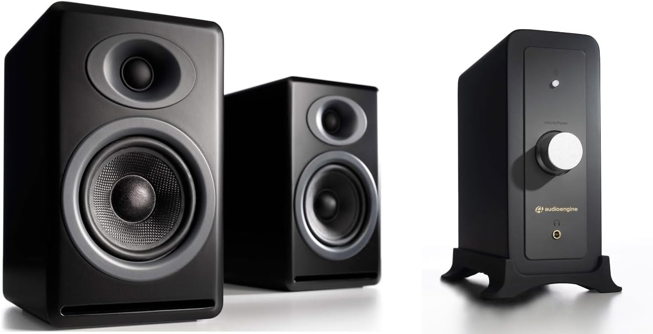 Audioengine P4 Black Passive Bookshelf Speakers with N22 100 Watt Bluetooth Desktop Amplifier