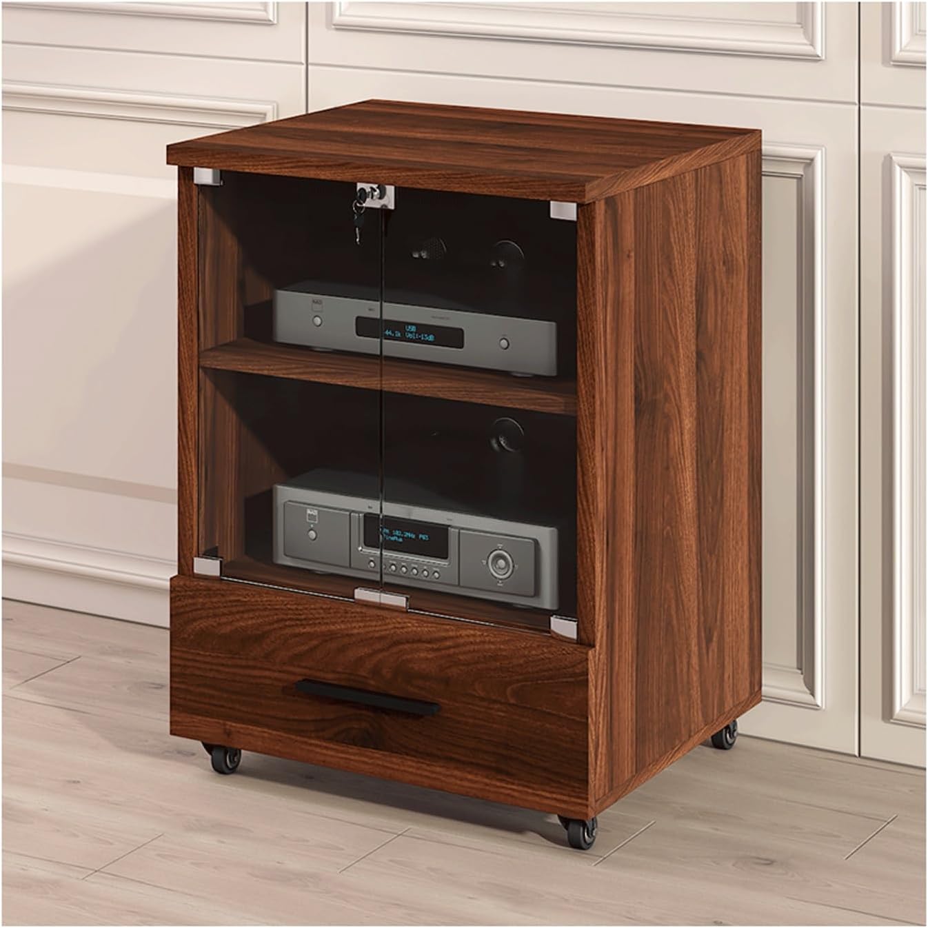 XMFBSY Medios Media Cabinet with Tempered Glass Door and Cable Management Modern Stereo Cabinet with Adjustable Shelves Record Player Stand for Home Organizer(Walnut