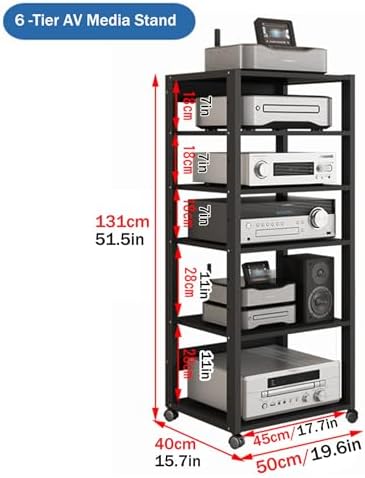 USZWBY Media Stereo Cabinet Standmedia Stand Audio-Video Shelving 3/4/5/6 Tier HiFi DVD Holder Game Rack Cd Console Cabinet with Adjustable Shelves Wooden St(Color-50X40X131Cm)