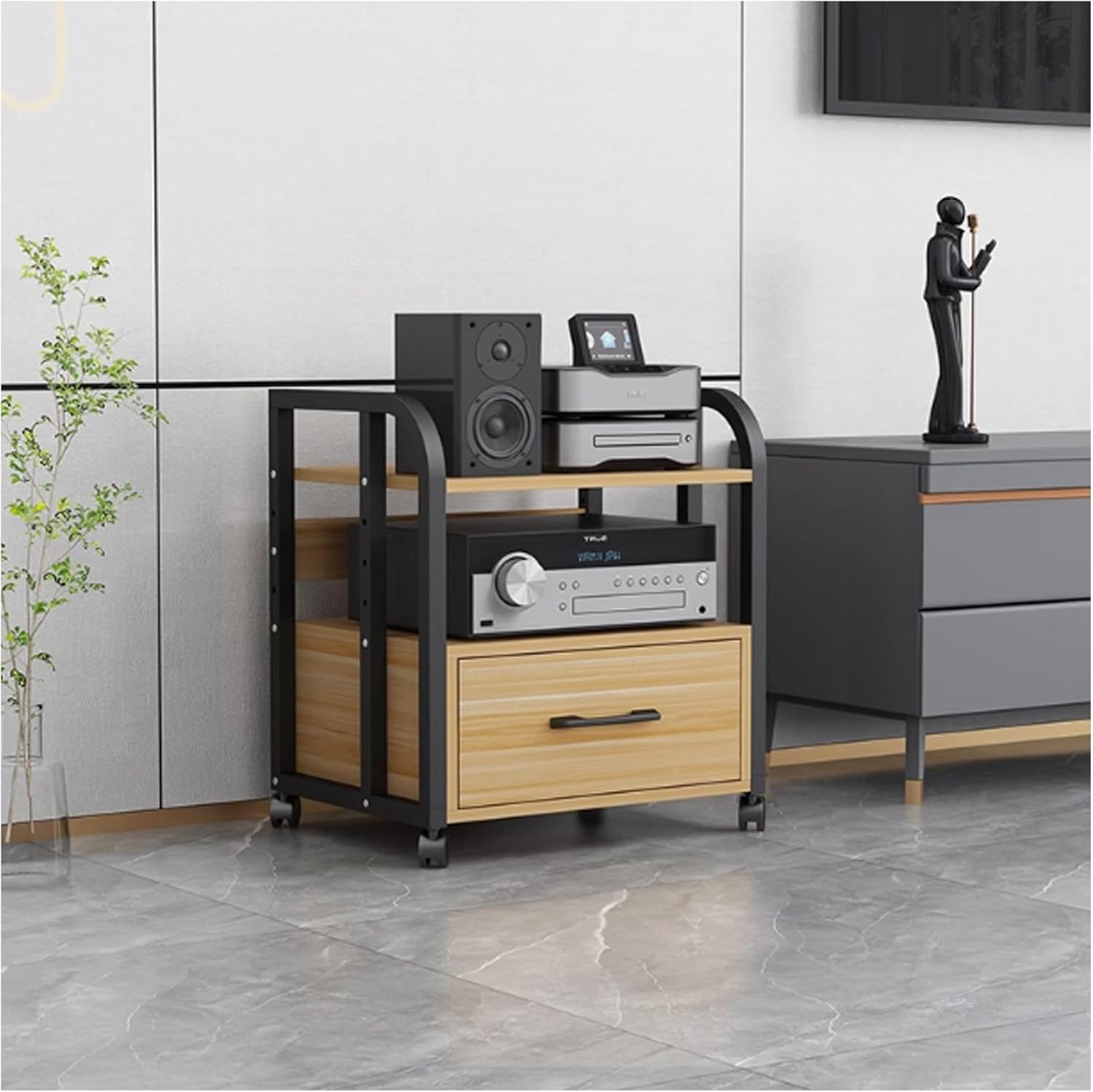 OVOGGPAN Large AV Media Stand Stereo Racks Audio-Video Shelving Media Console Stereo Cabinet with Storage Drawer for Office Bedroom Living Room Recording Room(Pomelo Wood