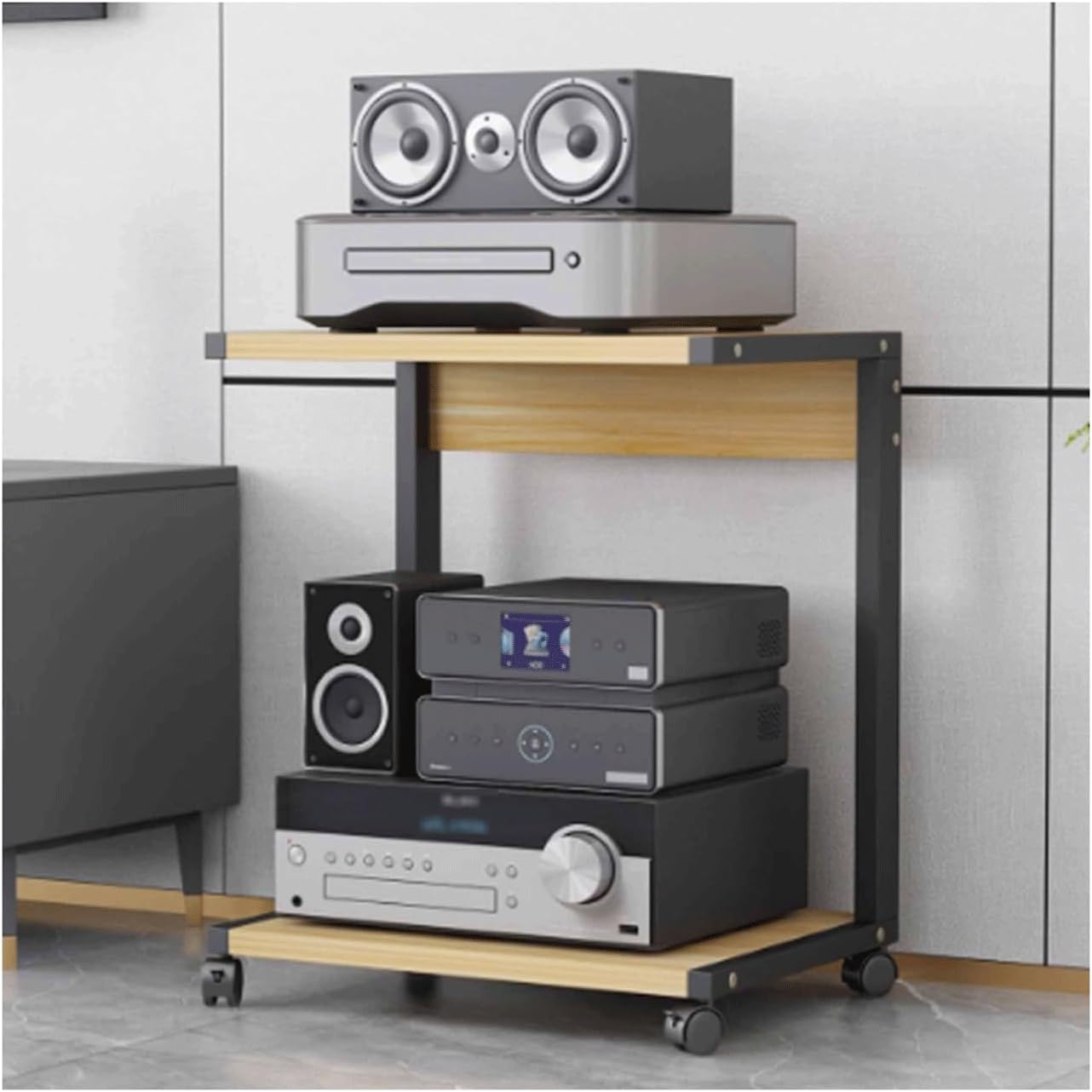 MDYHY 2 Tier AV Media Stand HIFI Rack Stereo Cabinet Wooden Audio Rack Tower with Wheels Modern Audio-Video Shelving Game Console Entertainment Shelf(Natural