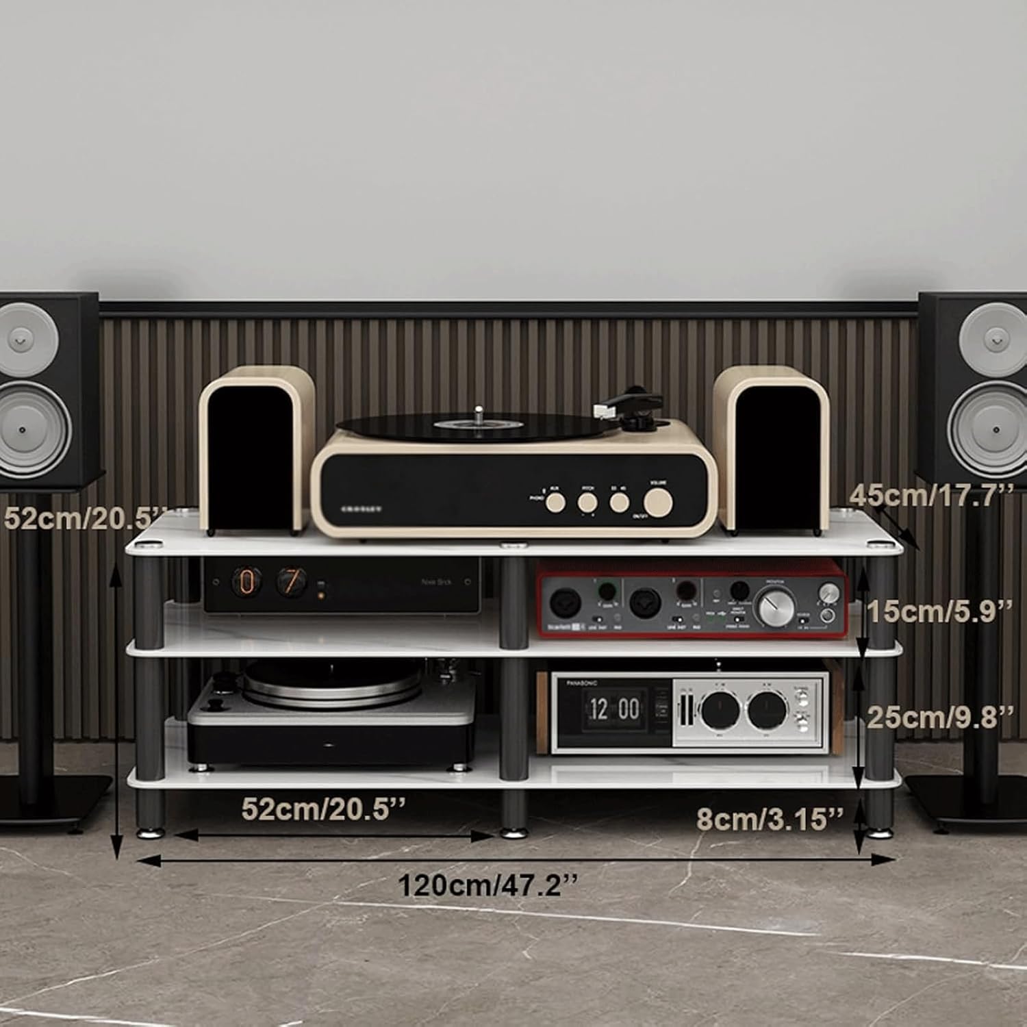 PZEOB Audio Rack Cabinet with Stone Plate and Carbon Steel Frame Stereo Stand 1/2/3/4 Tier Audio-Video Shelving Modern Media Stand(White