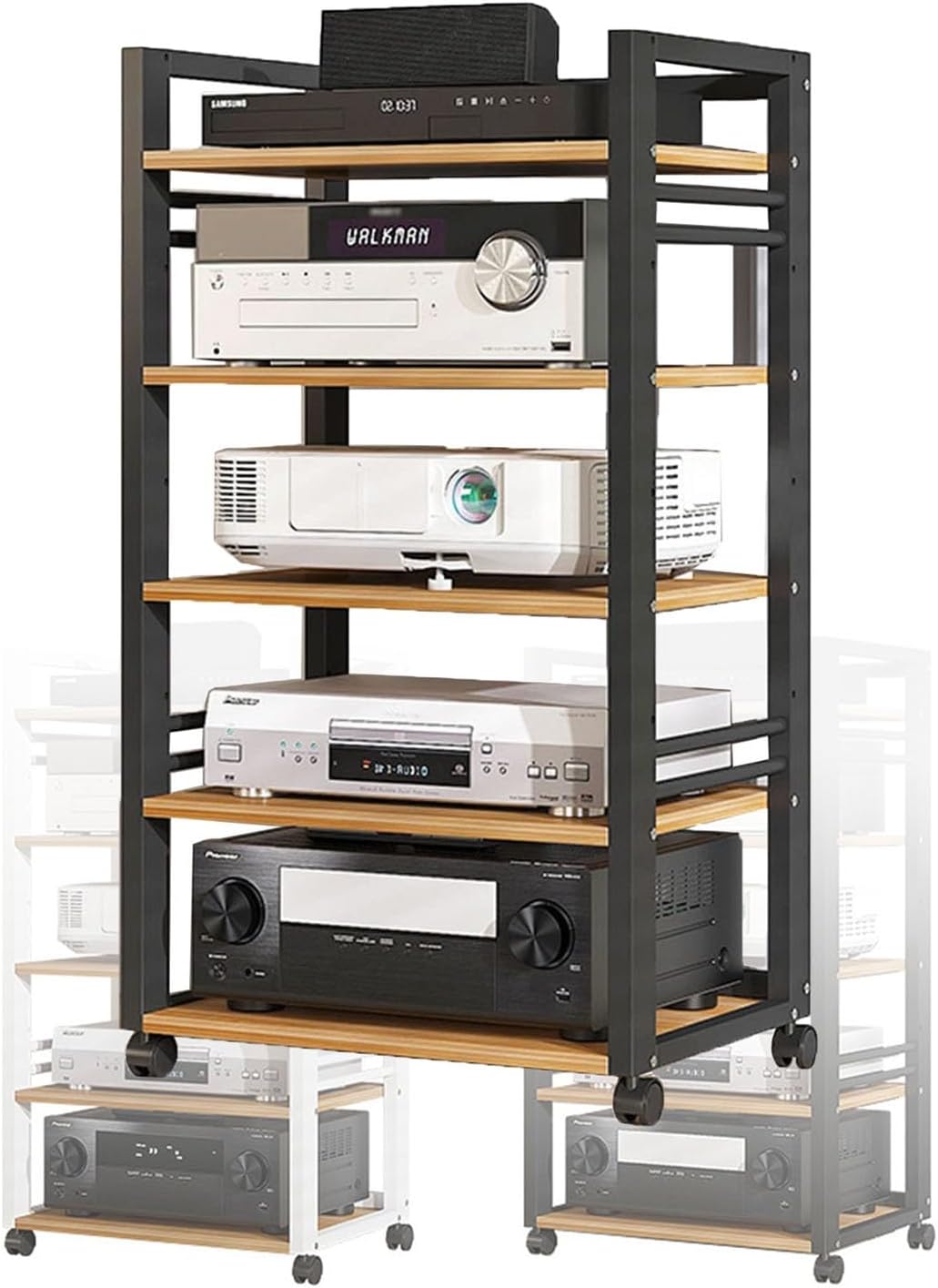 YLQFGUVWK Media Storage Cabinet with 5 Shelves Audio Stand with Height Adjustable Wooden Shelf Open Storage Rack for Home/Office/Audio Video/DJ/Theater (Color : Black