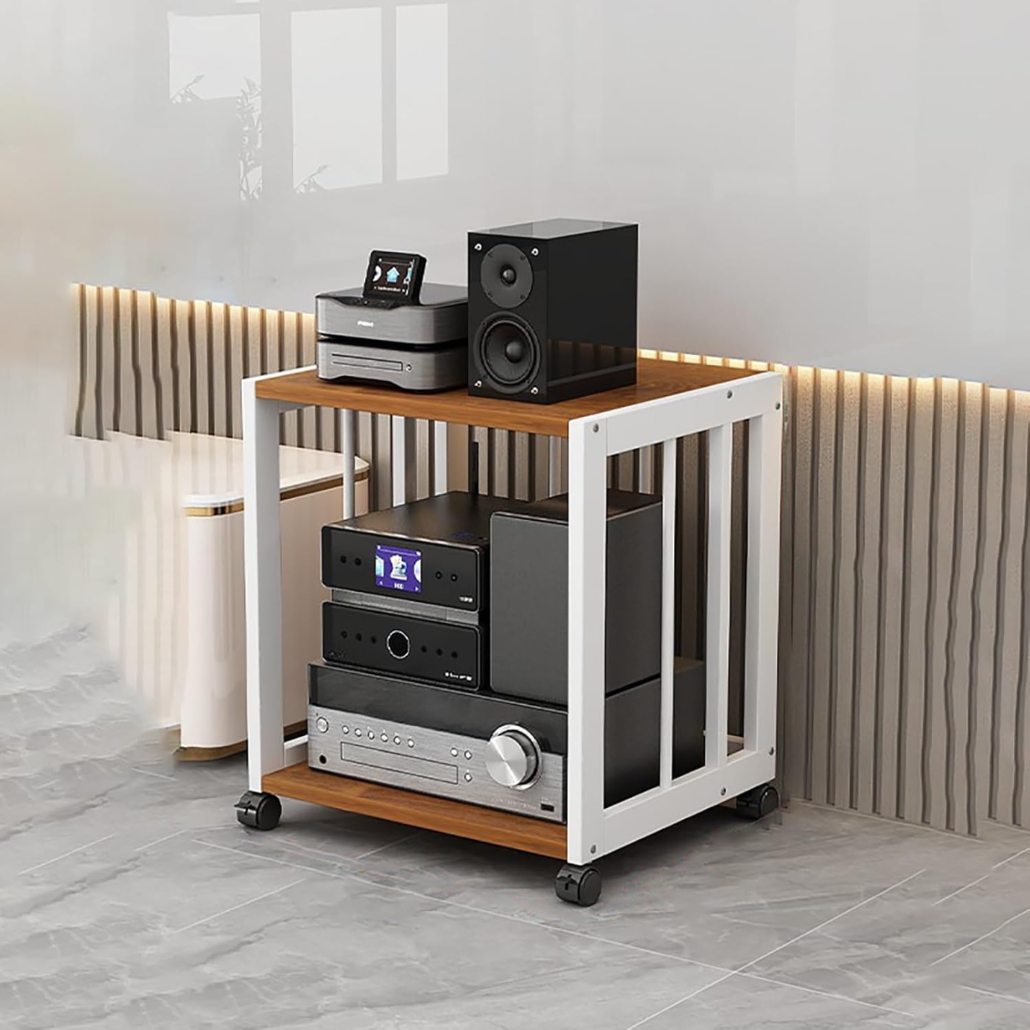 Media Stand Audio Rack Tower Sturdy Audio Rack Stand Tower with Height Shelves Floor-Standing Audio Rack with Universal Wheels Easy to Assemble for Meeting Living Gaming Recording Room.