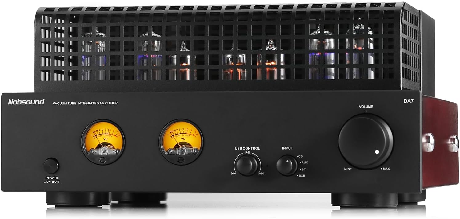 Nobsound Tube Power Bluetooth Amplifier: HiFi Valve with Dual VU Meters USB U-Disk Playback RCA in for Bookshelf Speakers | 6P1 6N1 EI Transformer | Home Audio (DA7)