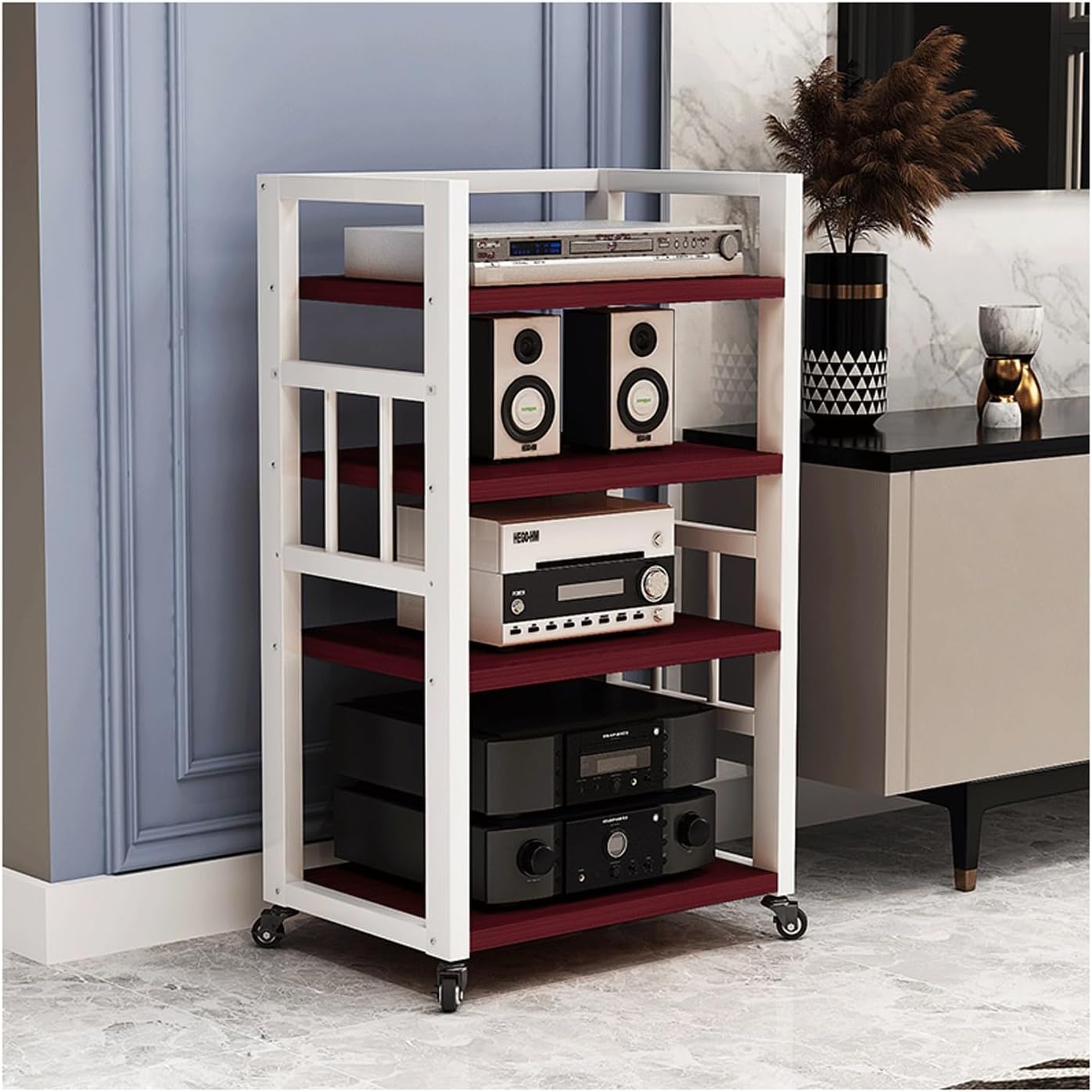 XMFBSY Medios 4 Tier AV Media Stand with Wheels Modern Audio/Video Rack CD Record Player Rack Entertainment Component Organizer for Home Theater Organizer(Brown)